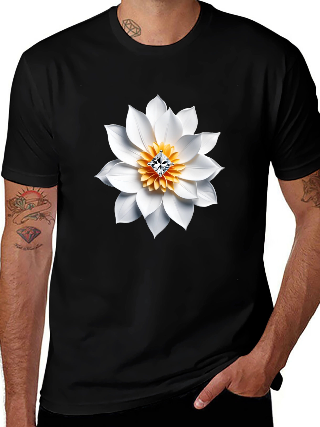 Black T-Shirt with White Floral Diamond Design