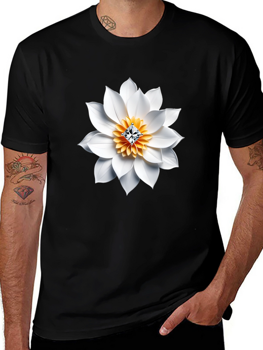 Black T-Shirt with White Floral Diamond Design