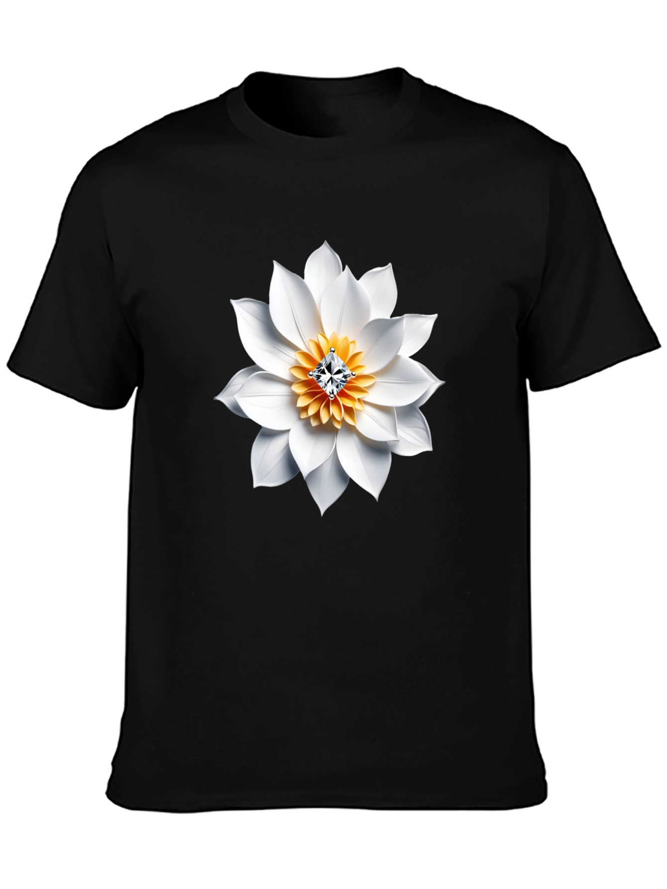 Black T-Shirt with White Floral Diamond Design