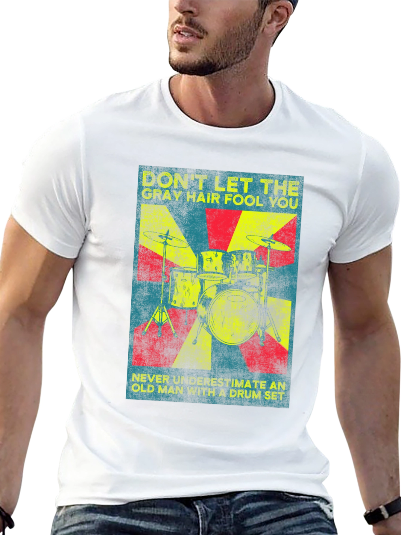 Drummer Old Man T-Shirt - Gray Hair Drum Set