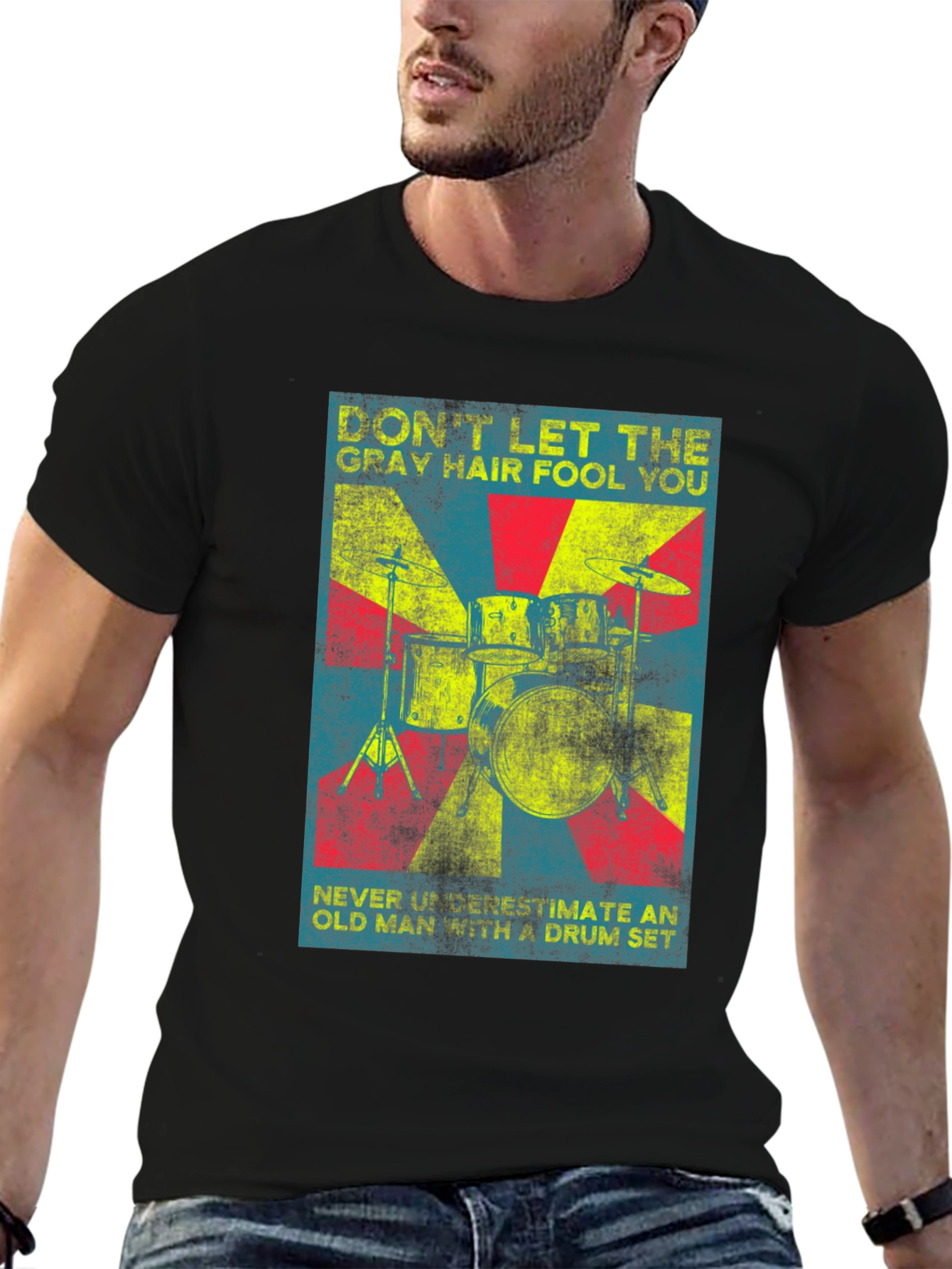 Drummer Old Man T-Shirt - Gray Hair Drum Set