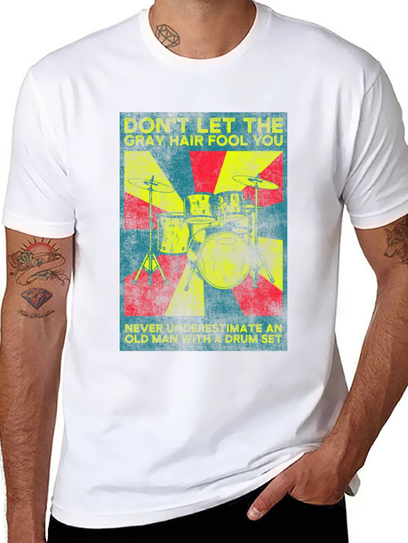 Drummer Old Man T-Shirt - Gray Hair Drum Set