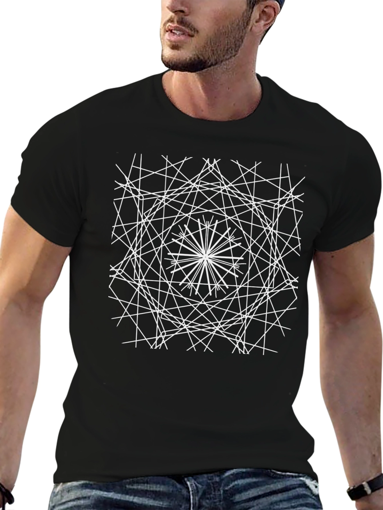 Geometric Line Art Graphic Black T-Shirt