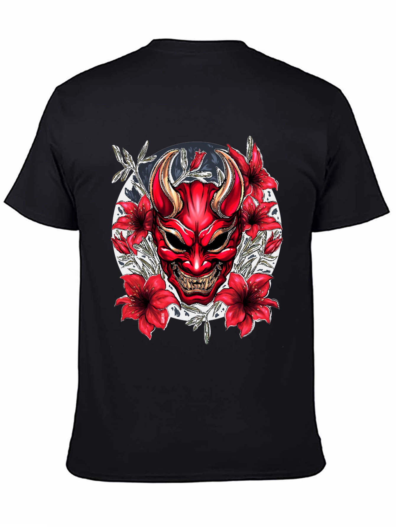 Samurai Oni Mask Graphic Tee - Black Cotton T-Shirt