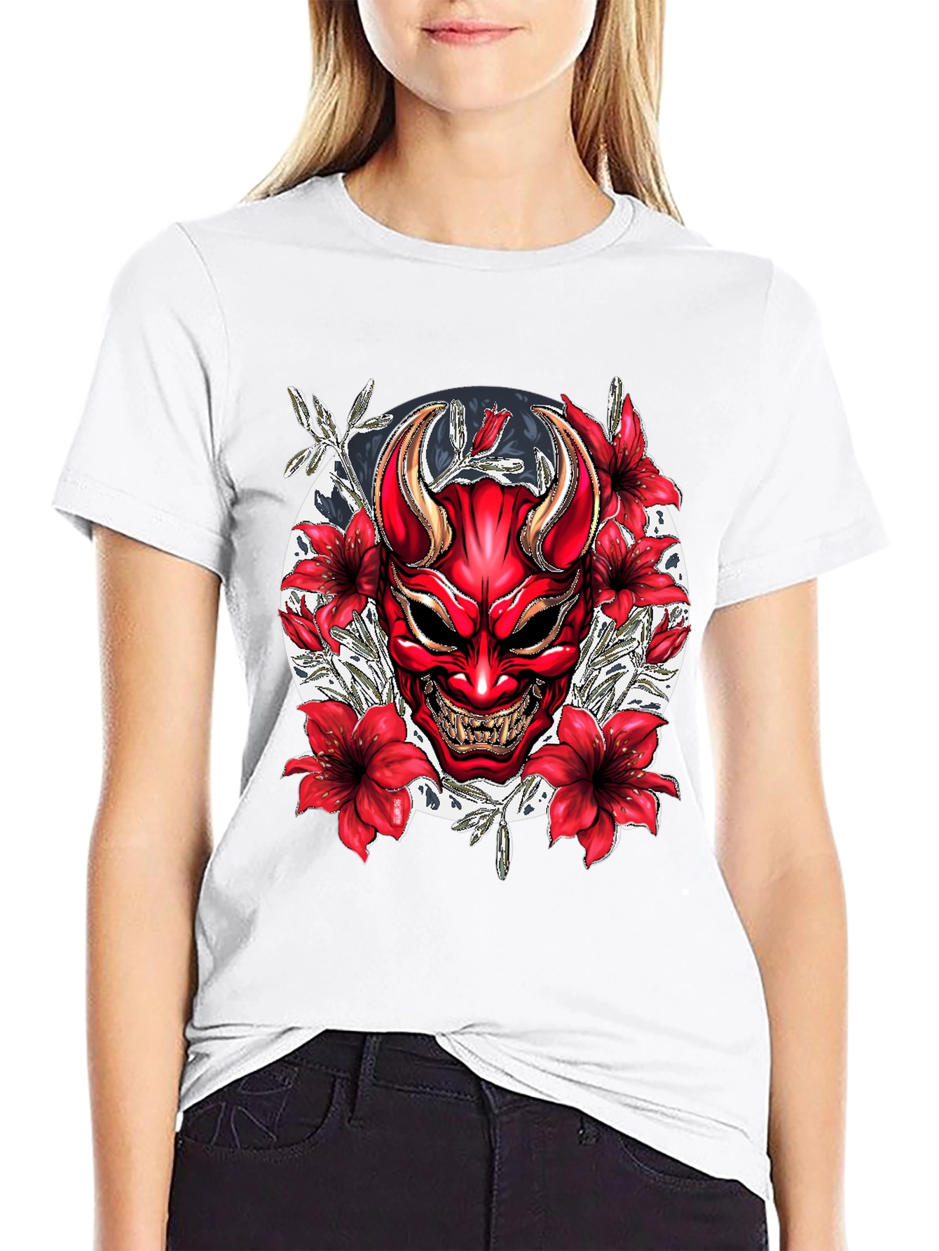 Samurai Oni Mask Graphic Tee - Black Cotton T-Shirt