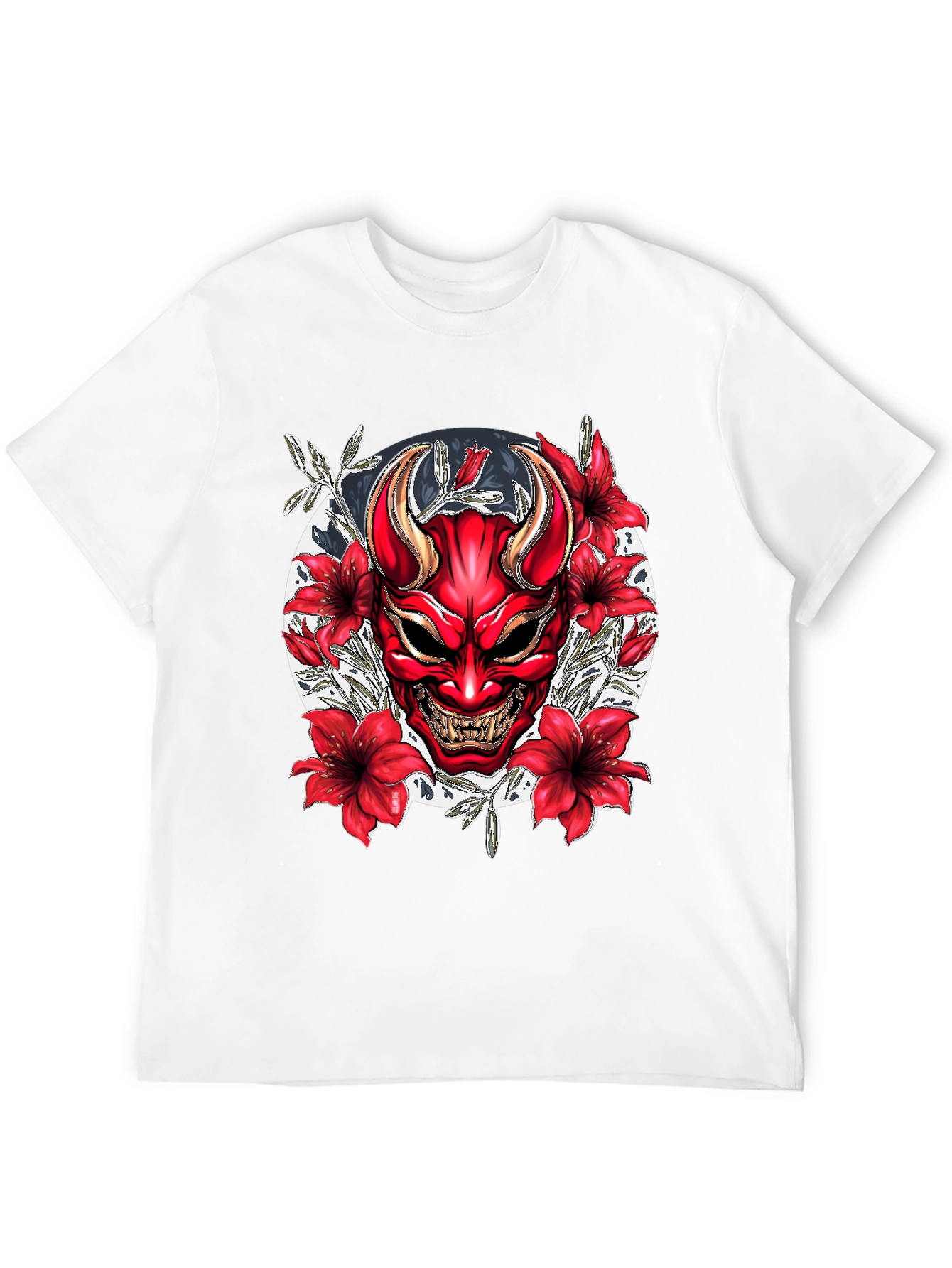 Samurai Oni Mask Graphic Tee - Black Cotton T-Shirt