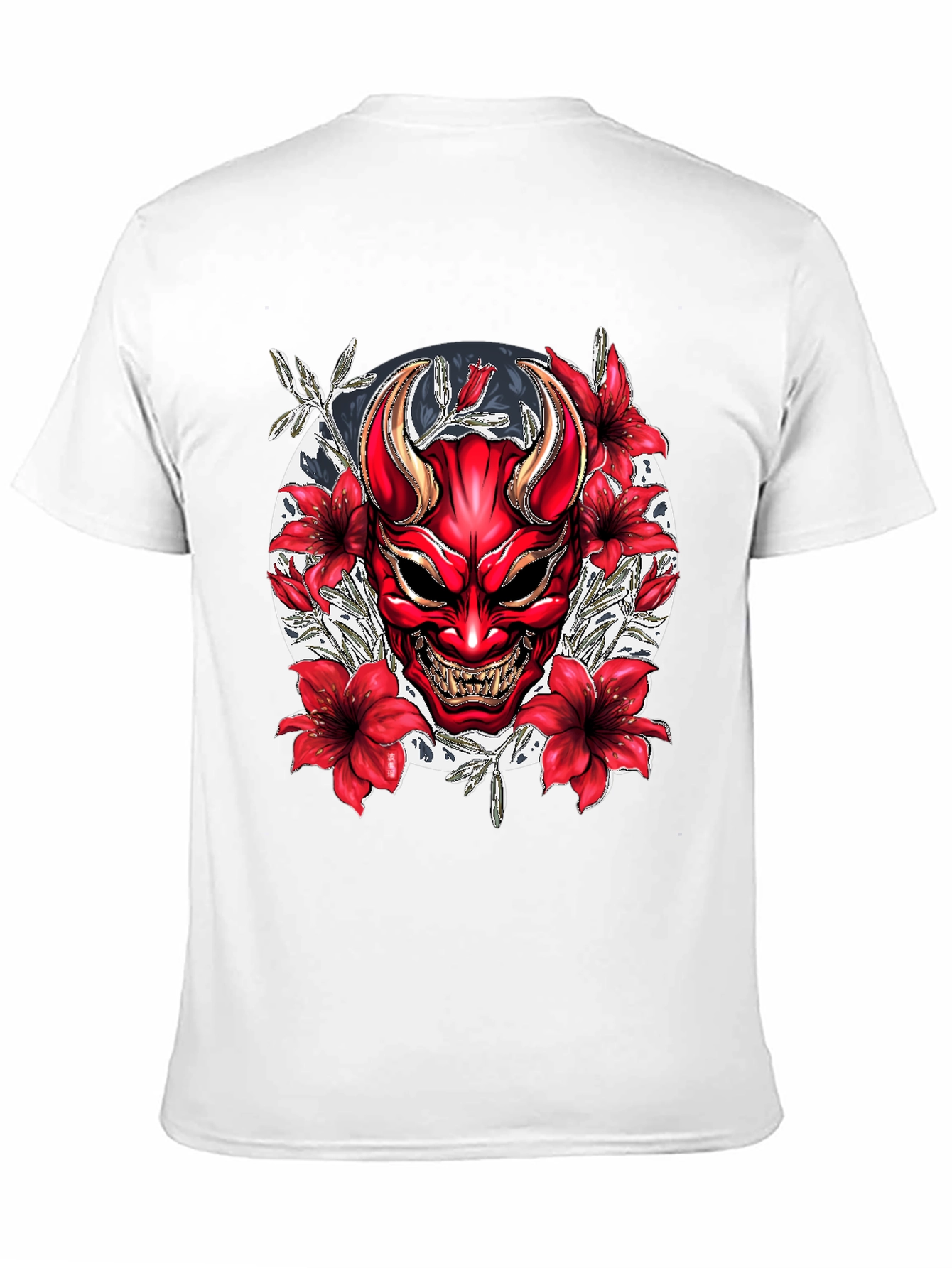 Samurai Oni Mask Graphic Tee - Black Cotton T-Shirt