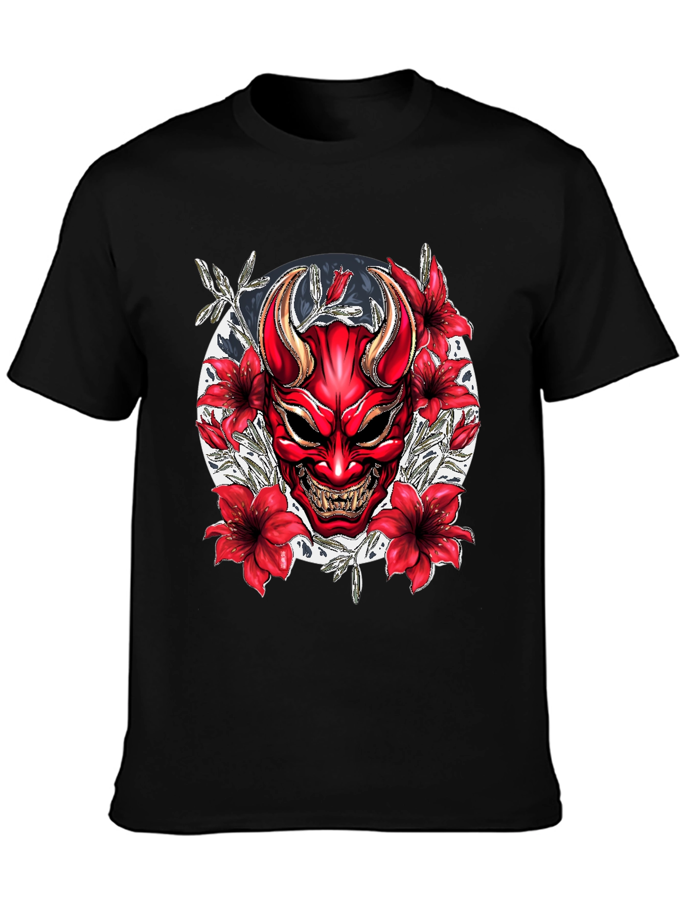 Samurai Oni Mask Graphic Tee - Black Cotton T-Shirt
