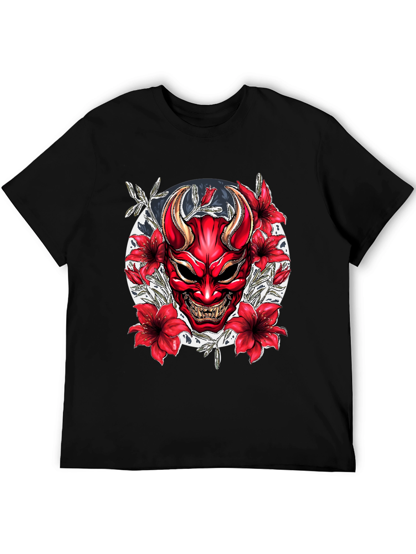 Samurai Oni Mask Graphic Tee - Black Cotton T-Shirt