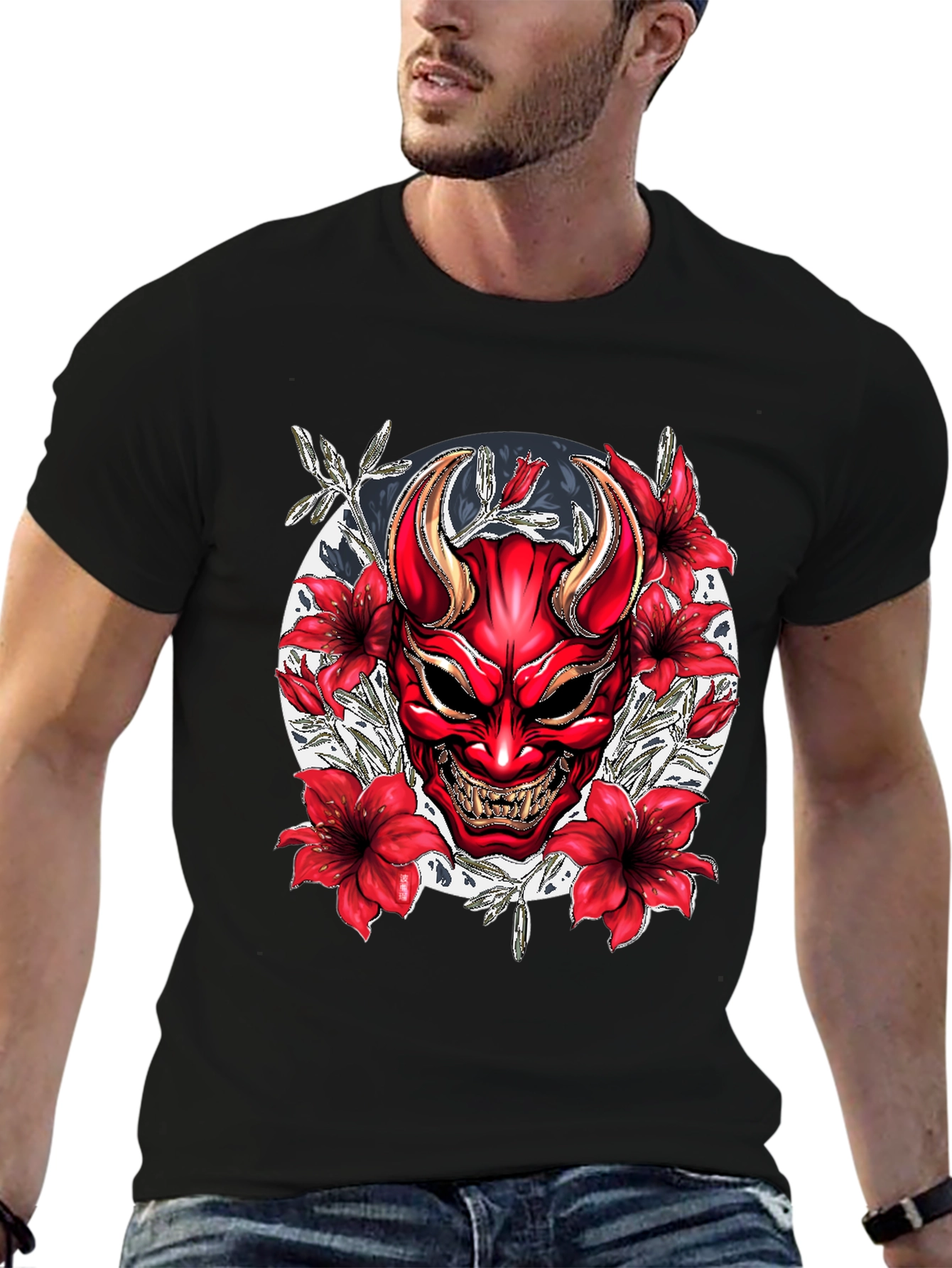 Samurai Oni Mask Graphic Tee - Black Cotton T-Shirt