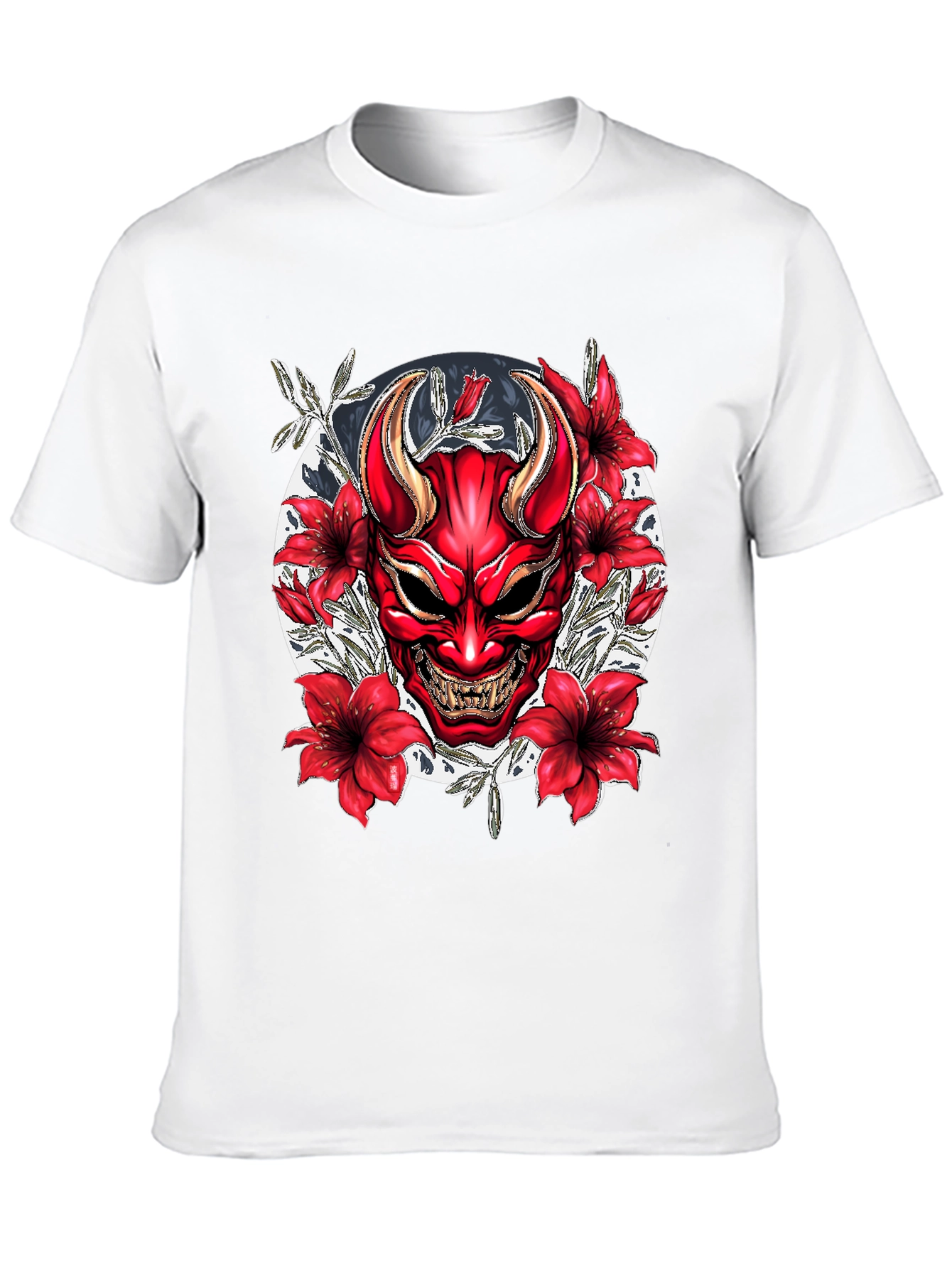 Samurai Oni Mask Graphic Tee - Black Cotton T-Shirt