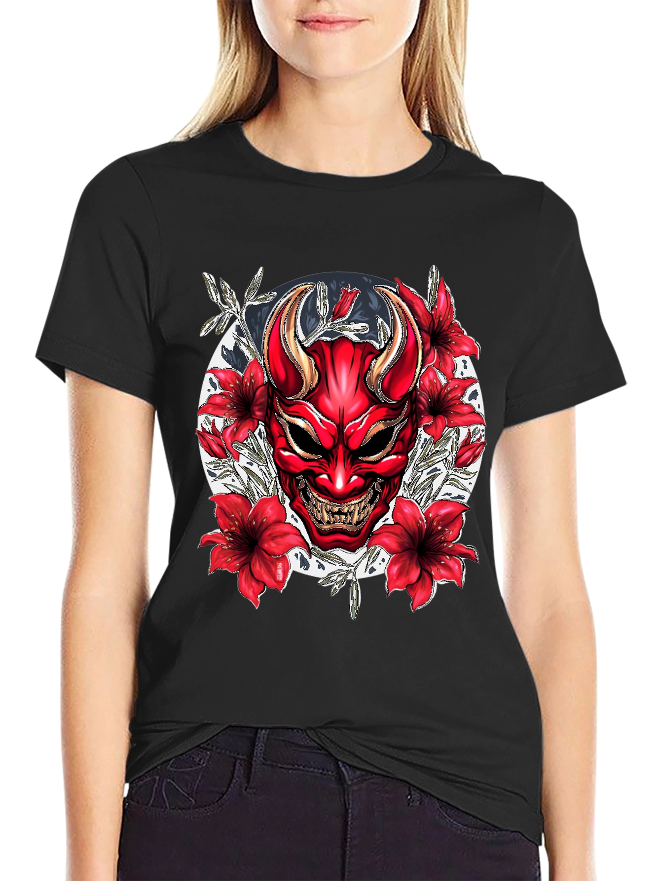 Samurai Oni Mask Graphic Tee - Black Cotton T-Shirt