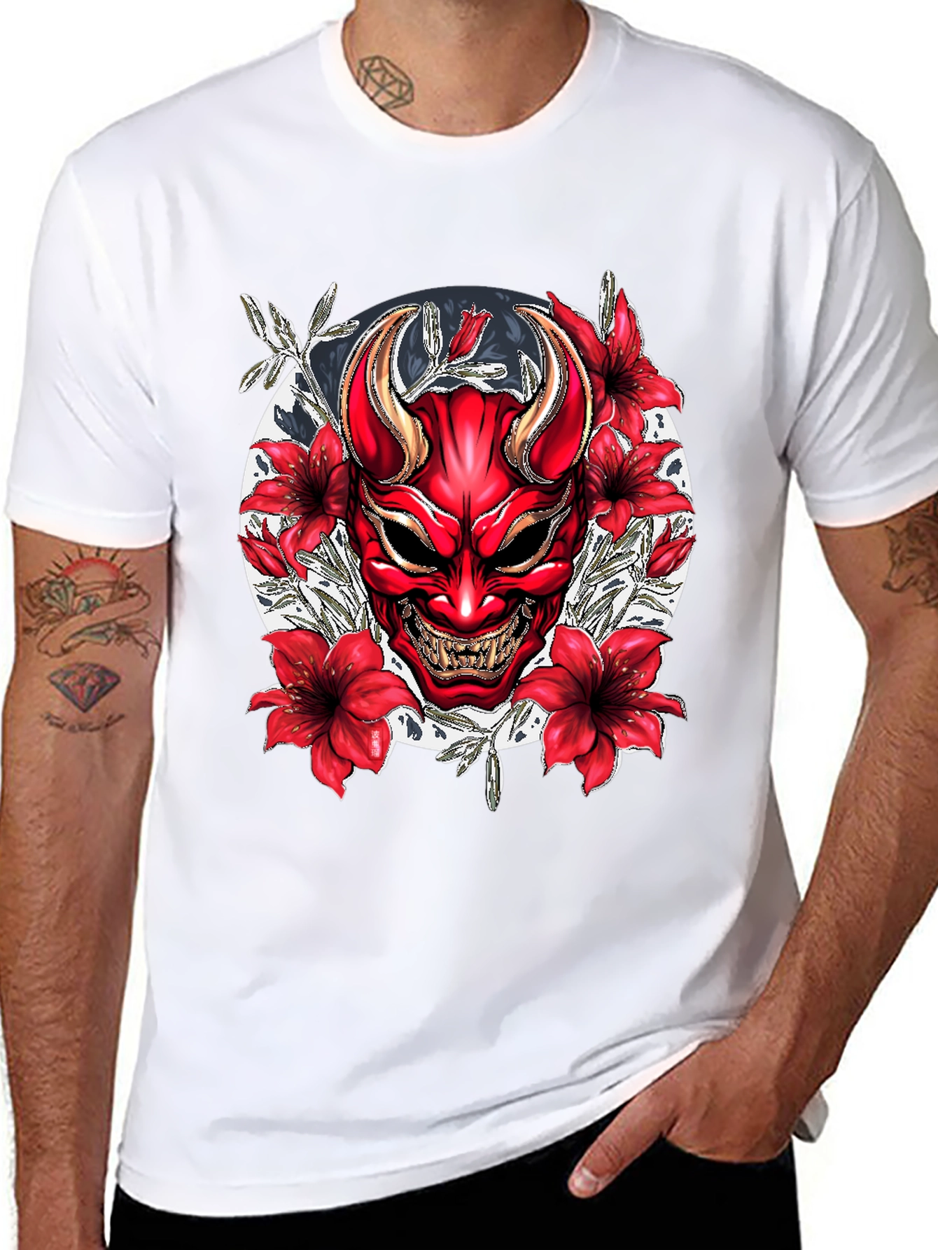 Samurai Oni Mask Graphic Tee - Black Cotton T-Shirt