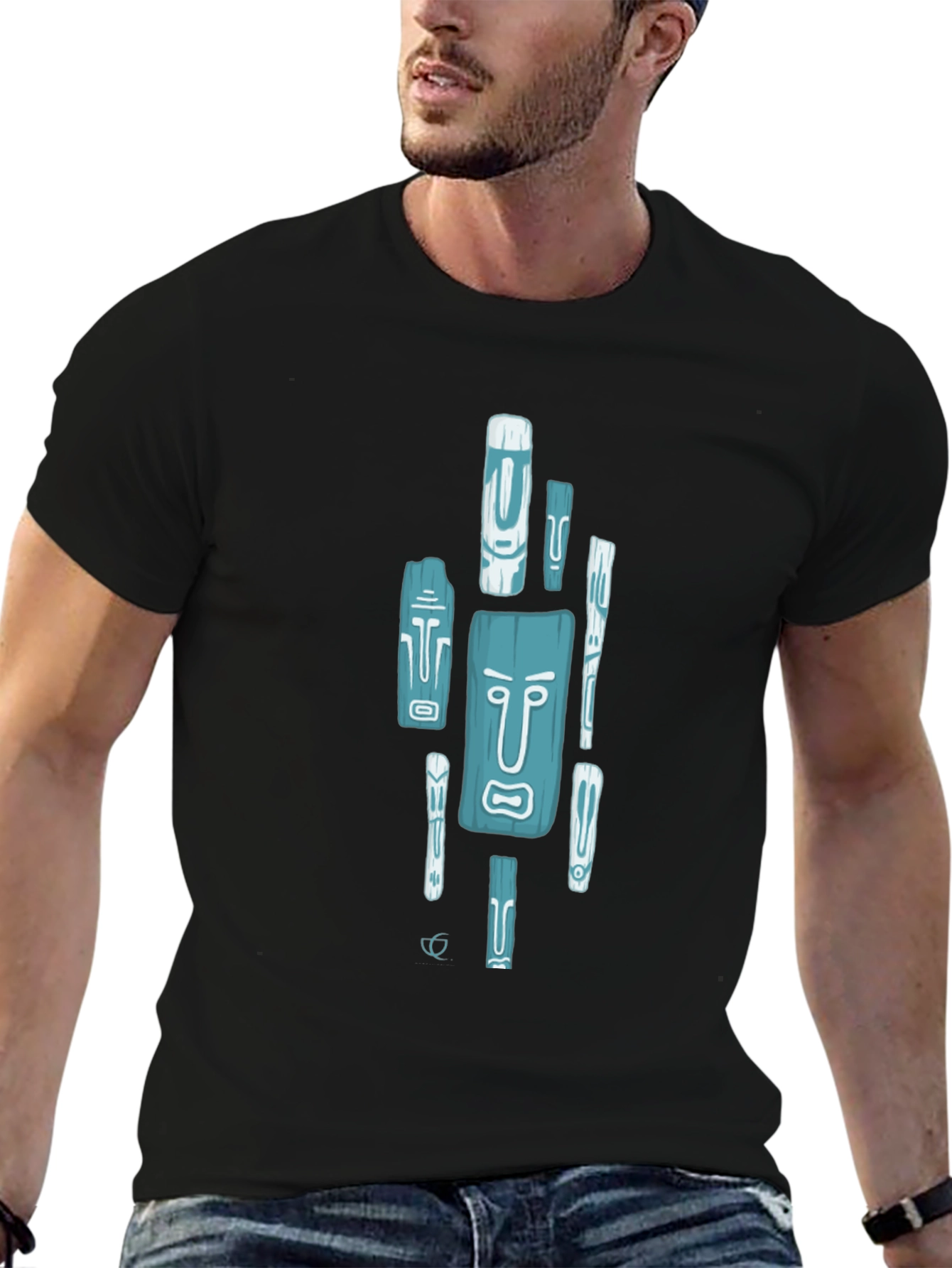 Trendy Tiki Totem Graphic Tee - Black Casual Shirt