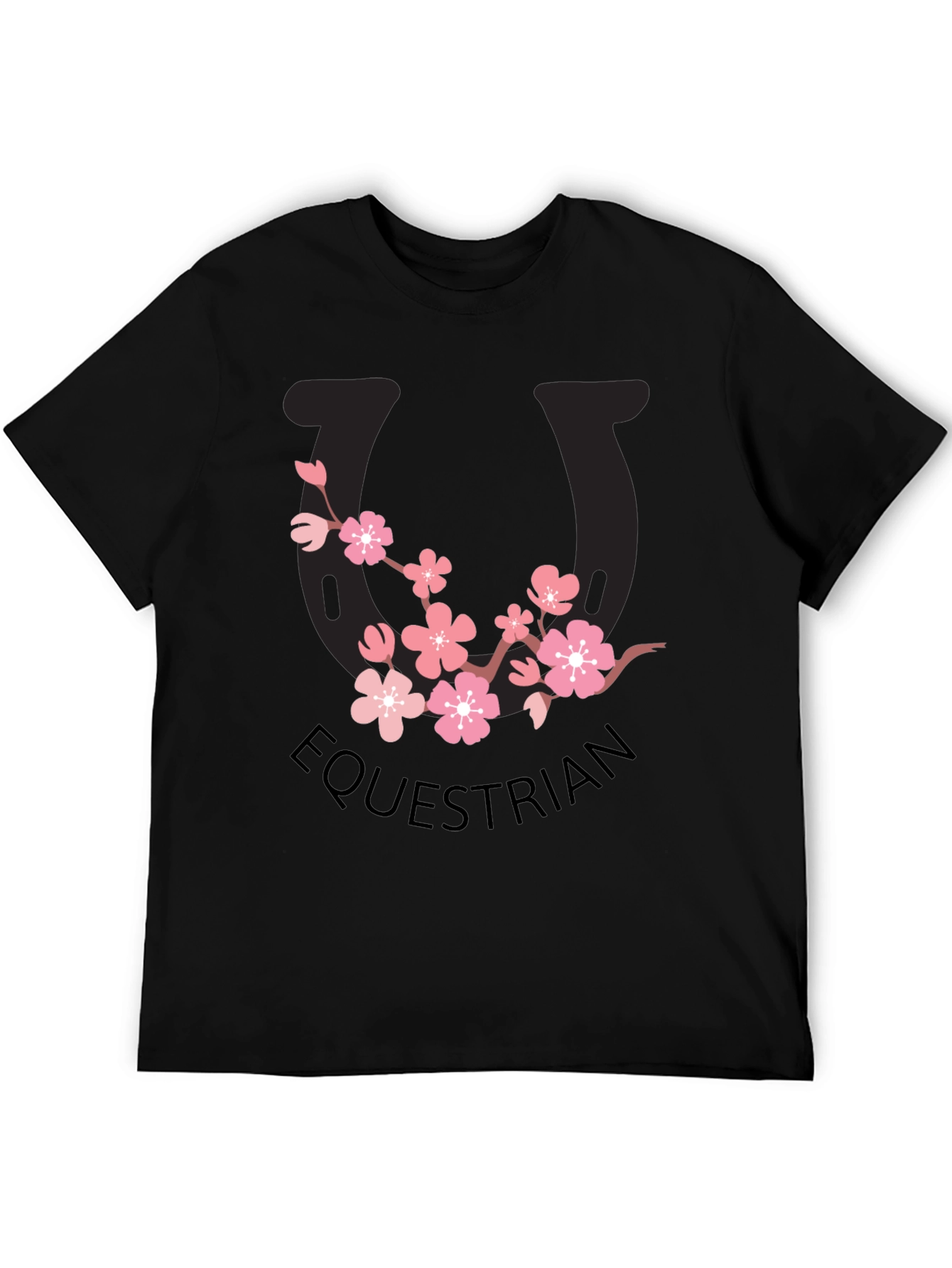 Equestrian Cherry Blossom Horseshoe Black T-Shirt