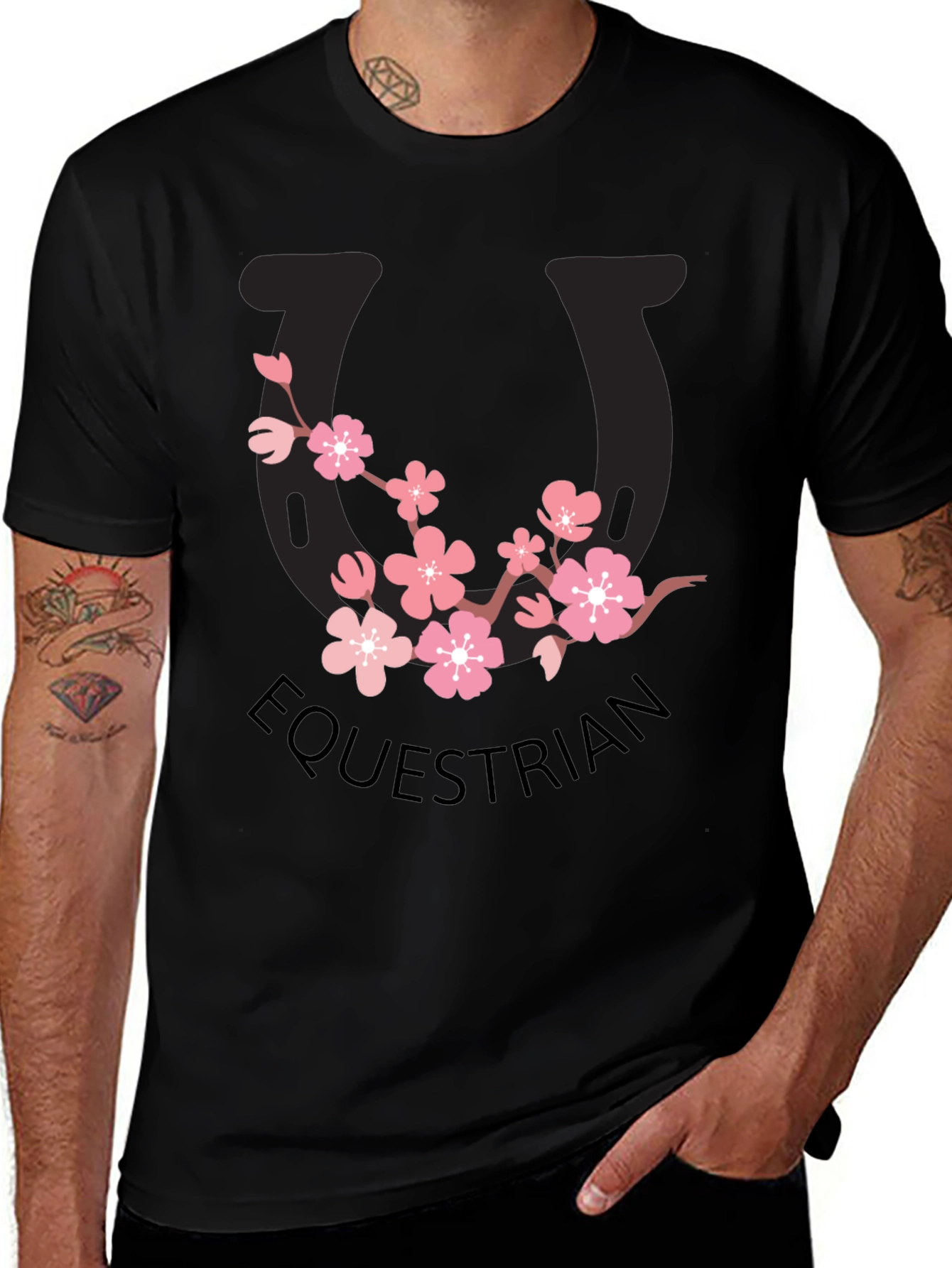 Equestrian Cherry Blossom Horseshoe Black T-Shirt