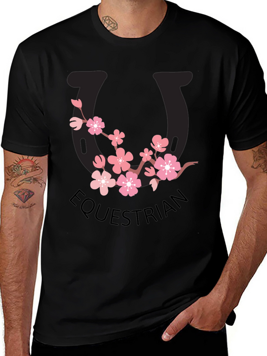 Equestrian Cherry Blossom Horseshoe Black T-Shirt
