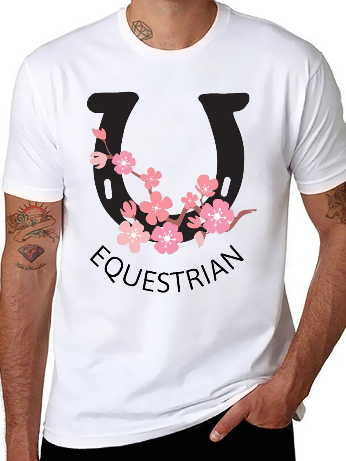 Equestrian Cherry Blossom Horseshoe Black T-Shirt