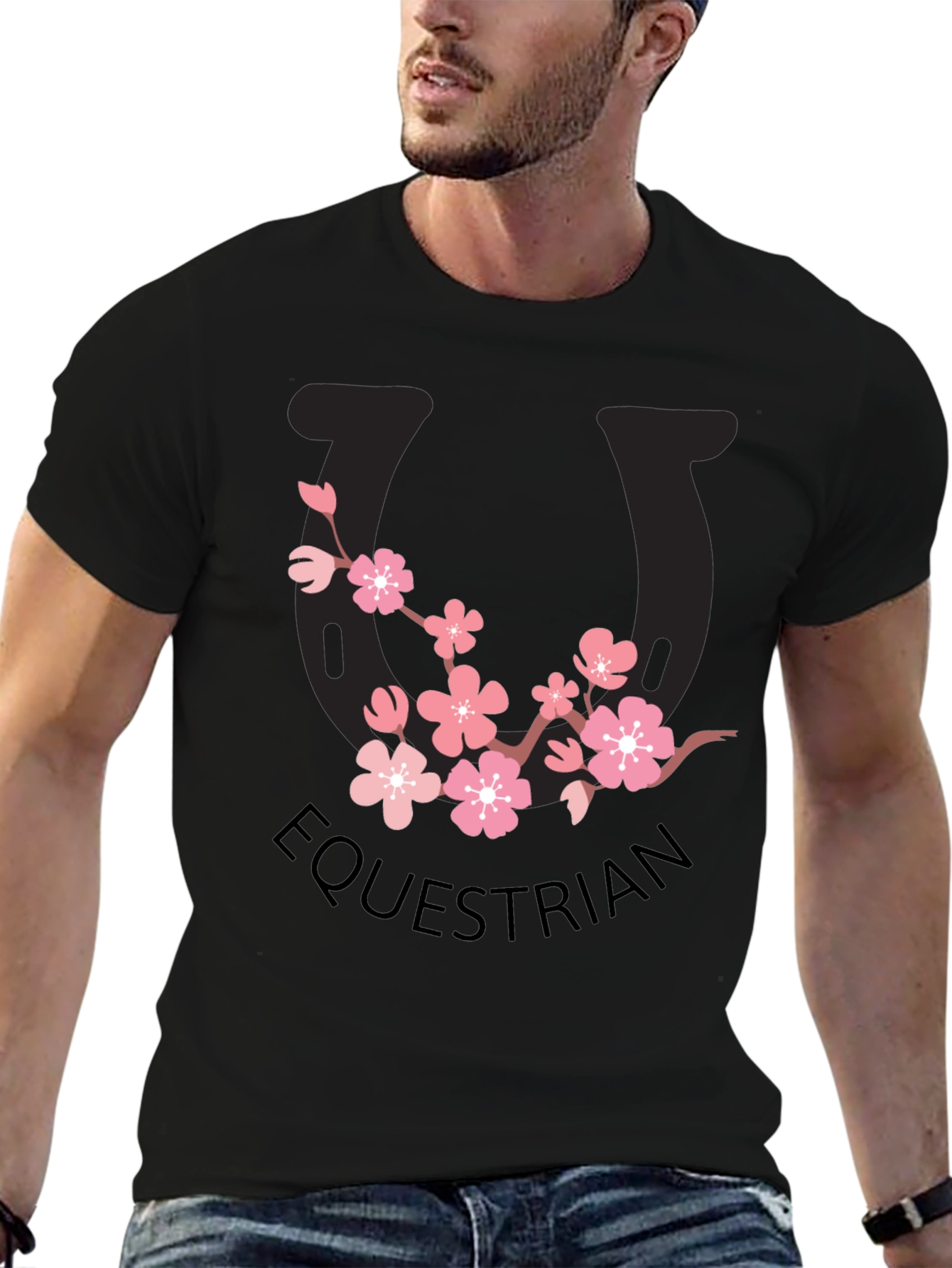 Equestrian Cherry Blossom Horseshoe Black T-Shirt