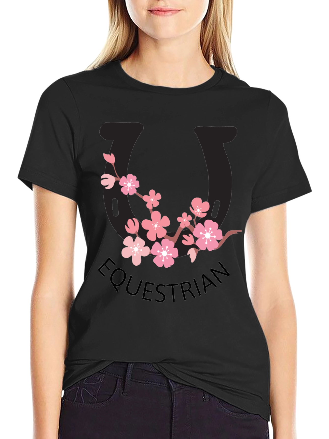 Equestrian Cherry Blossom Horseshoe Black T-Shirt