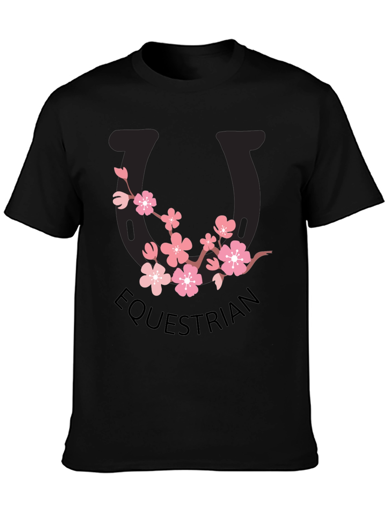 Equestrian Cherry Blossom Horseshoe Black T-Shirt