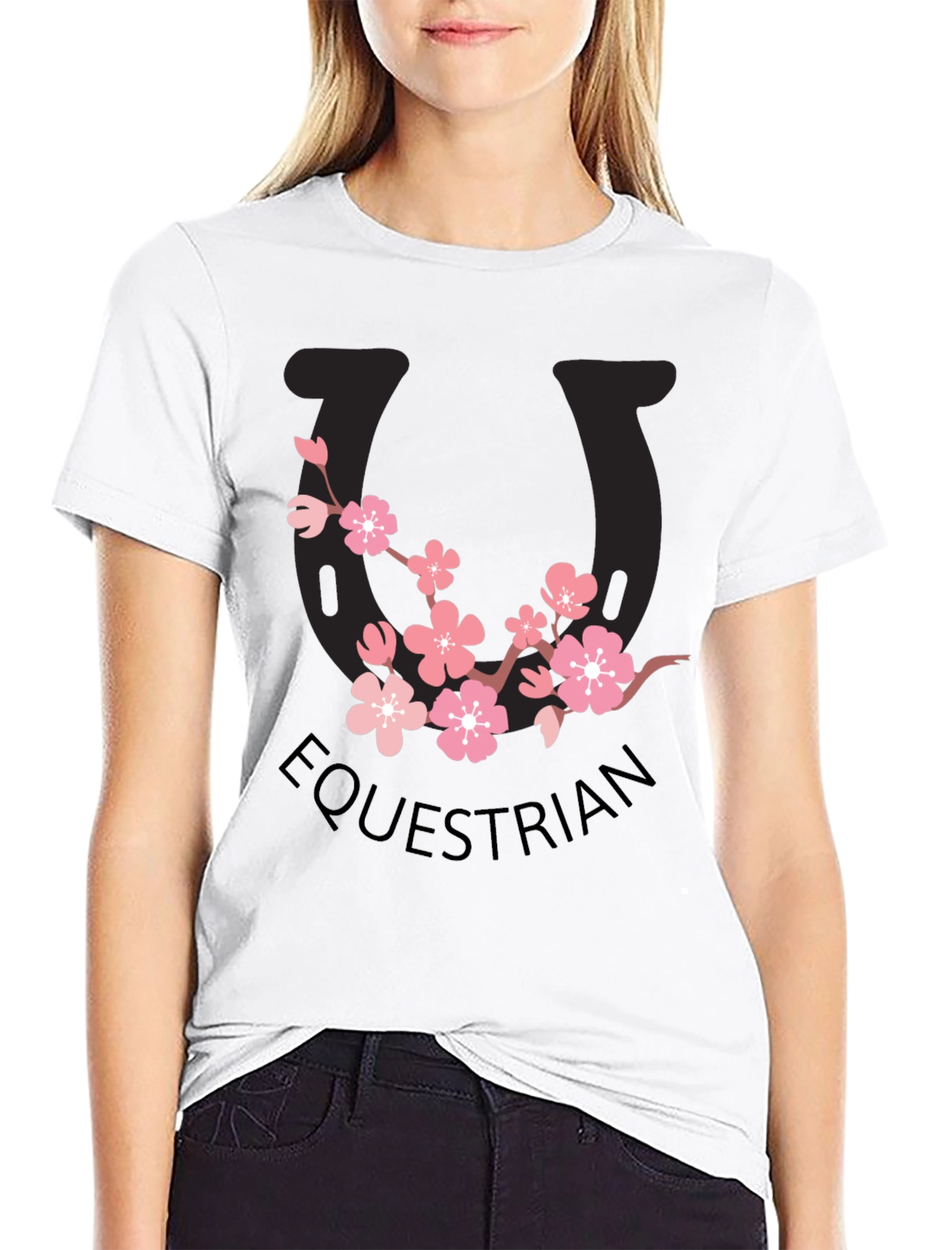 Equestrian Cherry Blossom Horseshoe Black T-Shirt