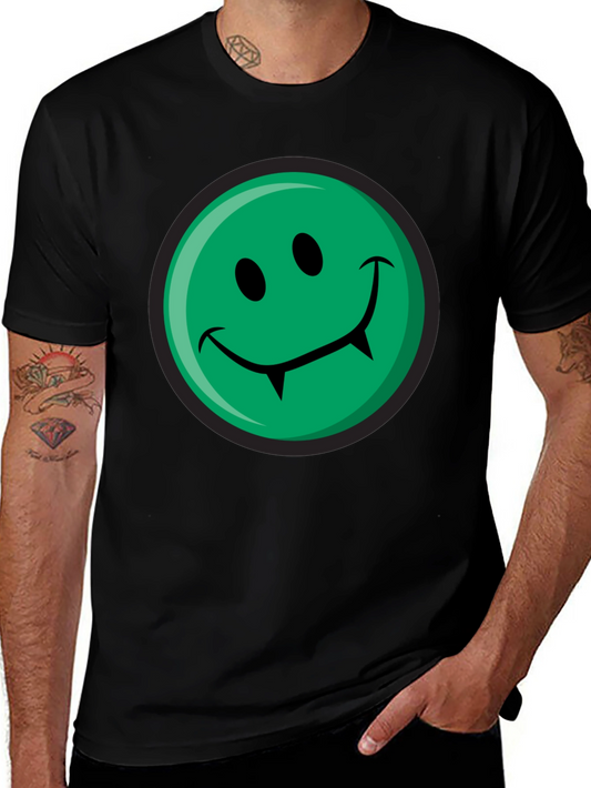 Green Vampire Smiley Face Graphic Tee - Black Cotton T-Shirt