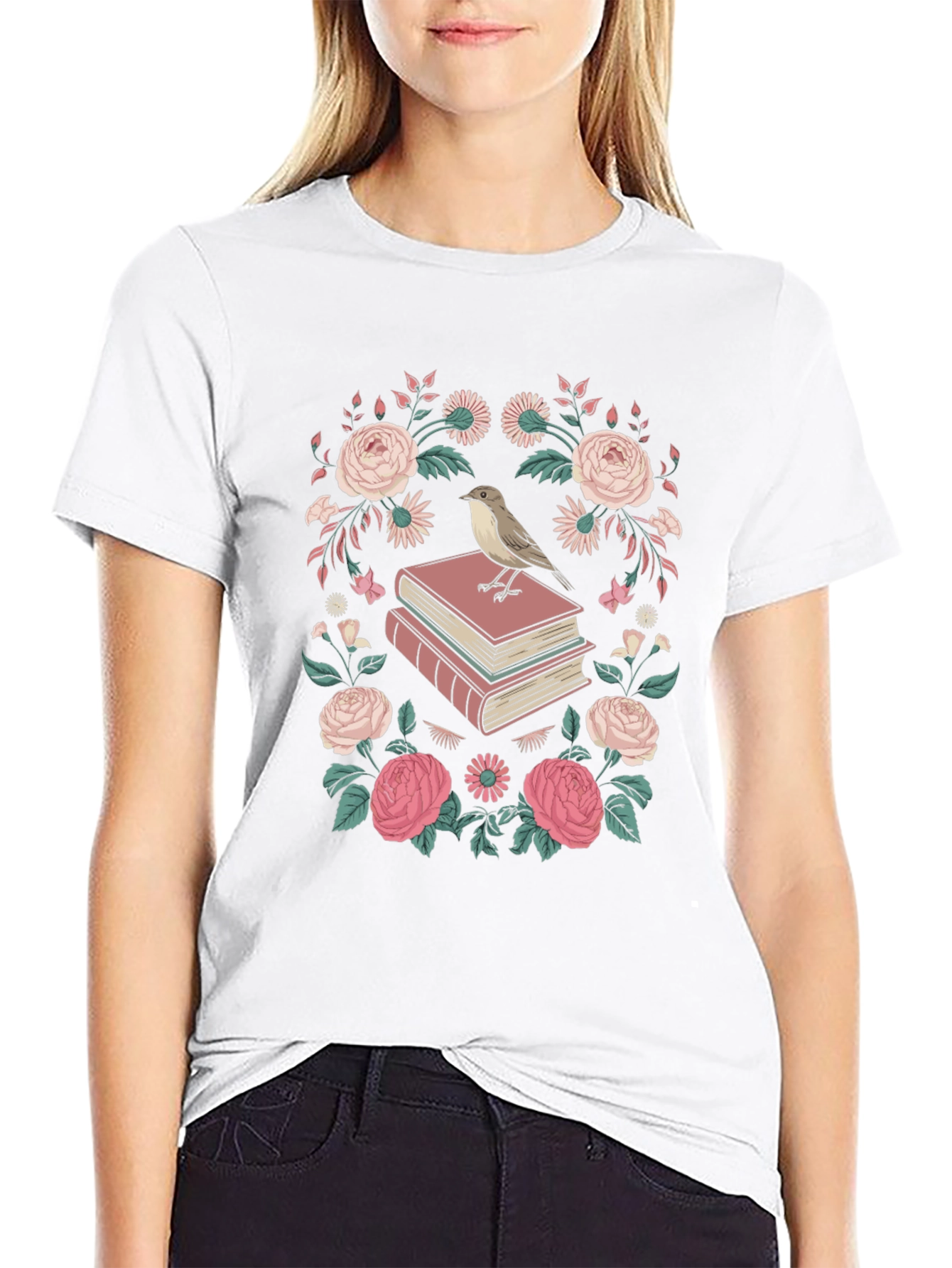 Floral Bird on Books Graphic Tee