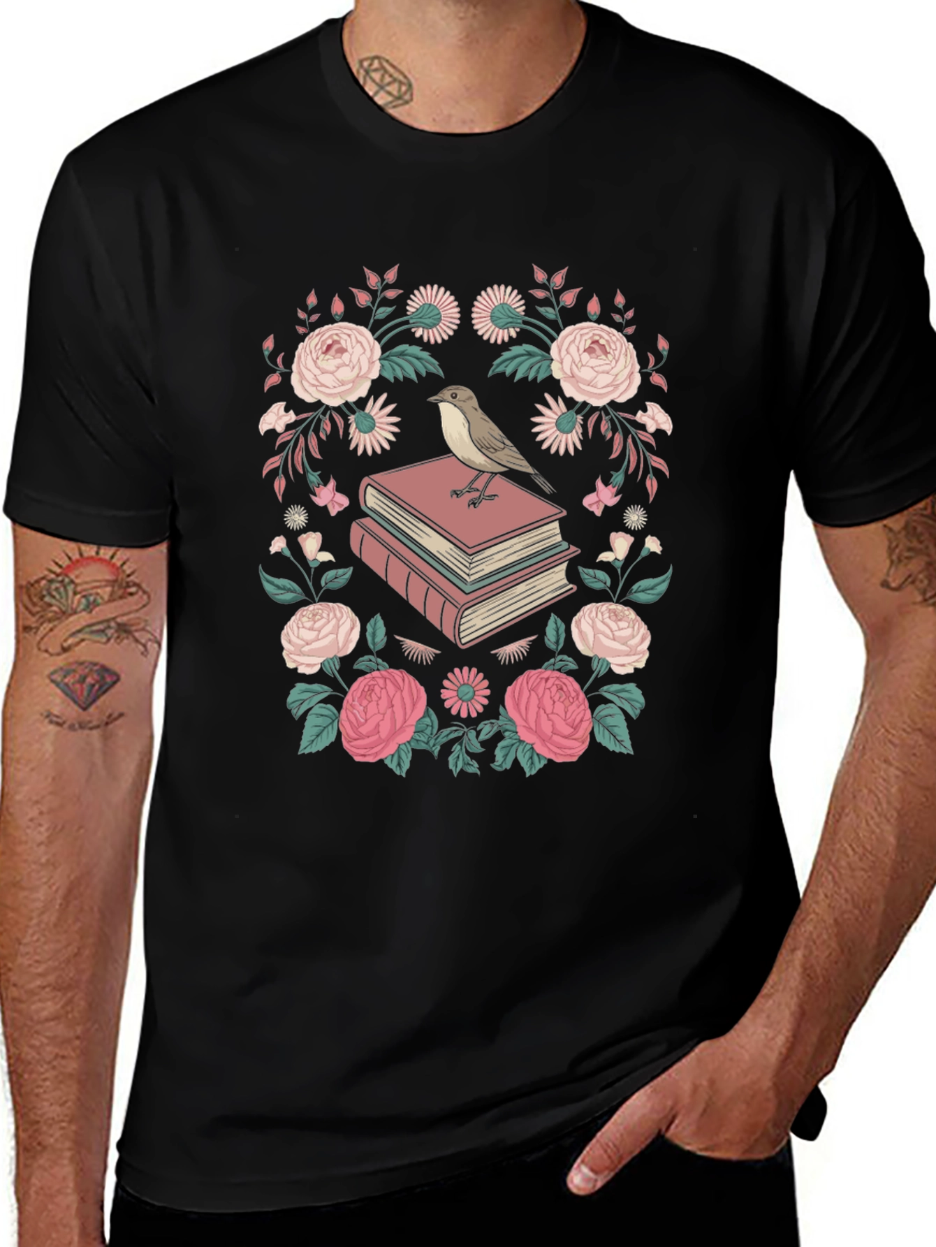 Floral Bird on Books Graphic Tee