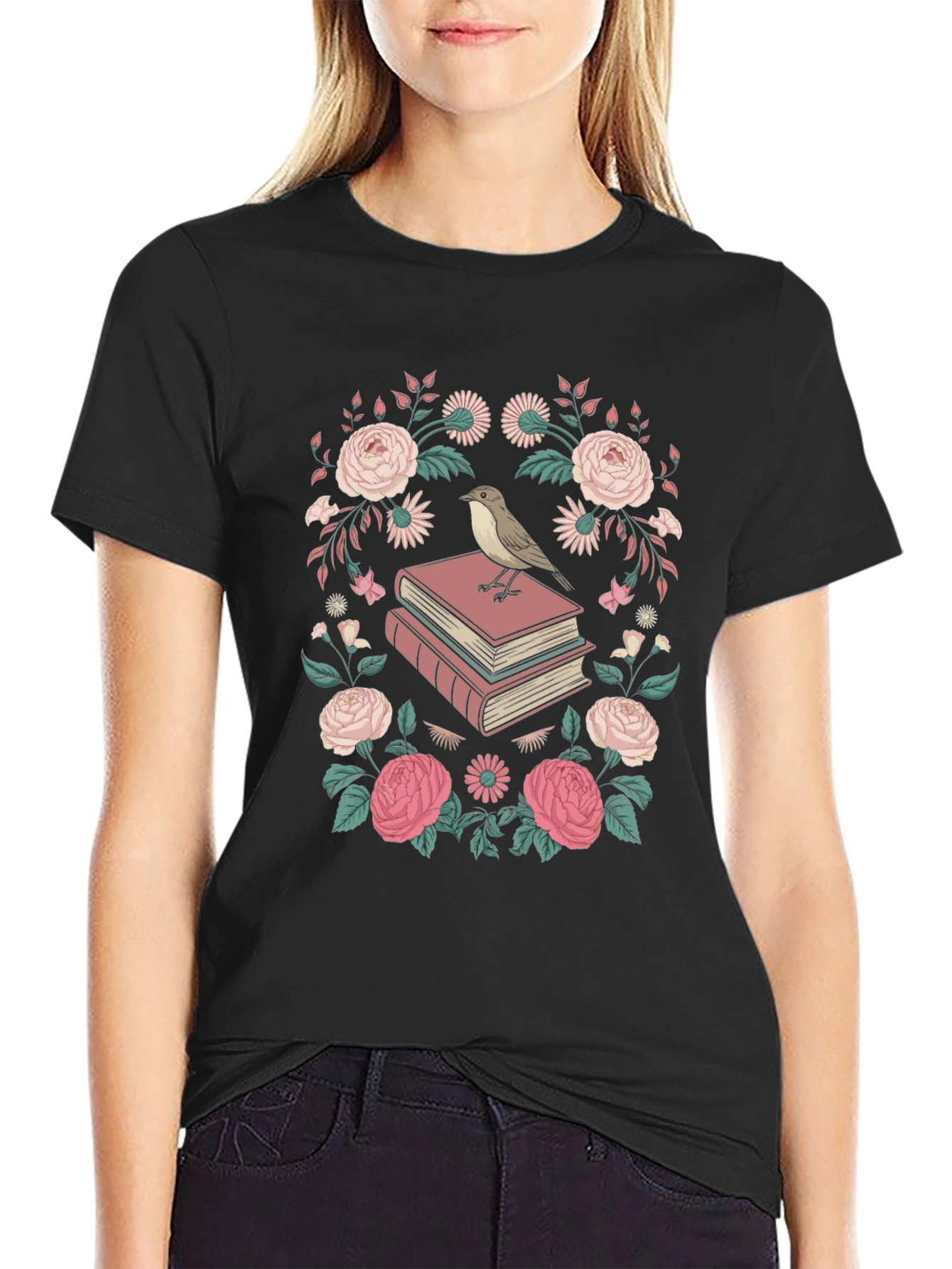 Floral Bird on Books Graphic Tee