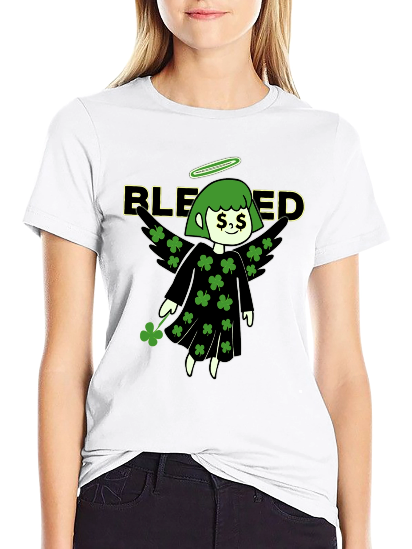 Blessed Shamrock Angel Black T-Shirt
