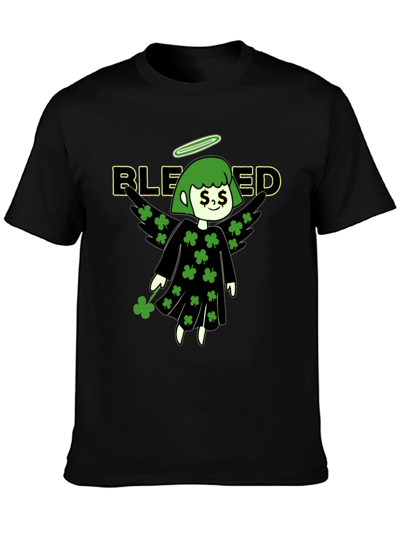 Blessed Shamrock Angel Black T-Shirt