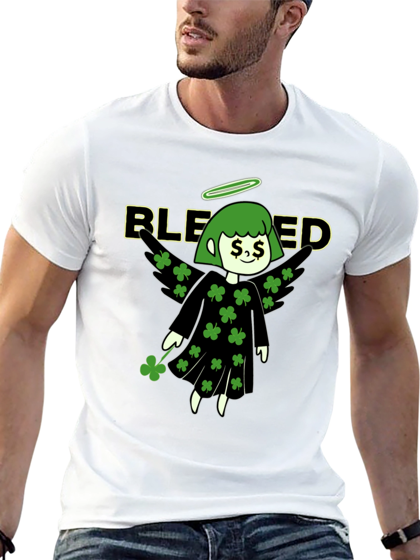 Blessed Shamrock Angel Black T-Shirt