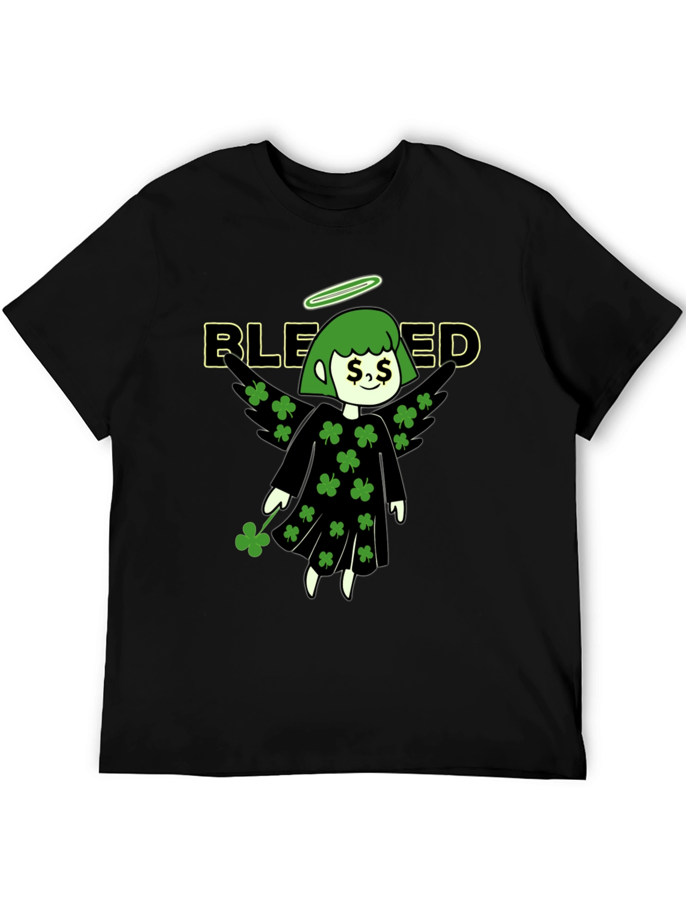 Blessed Shamrock Angel Black T-Shirt