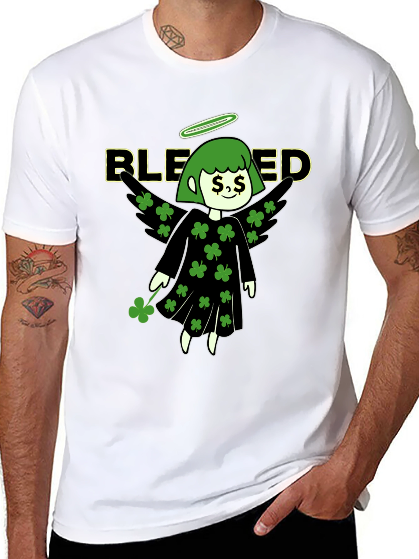 Blessed Shamrock Angel Black T-Shirt