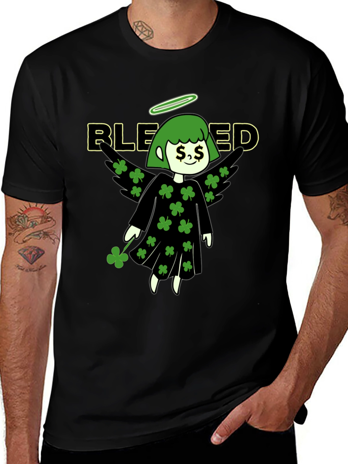 Blessed Shamrock Angel Black T-Shirt
