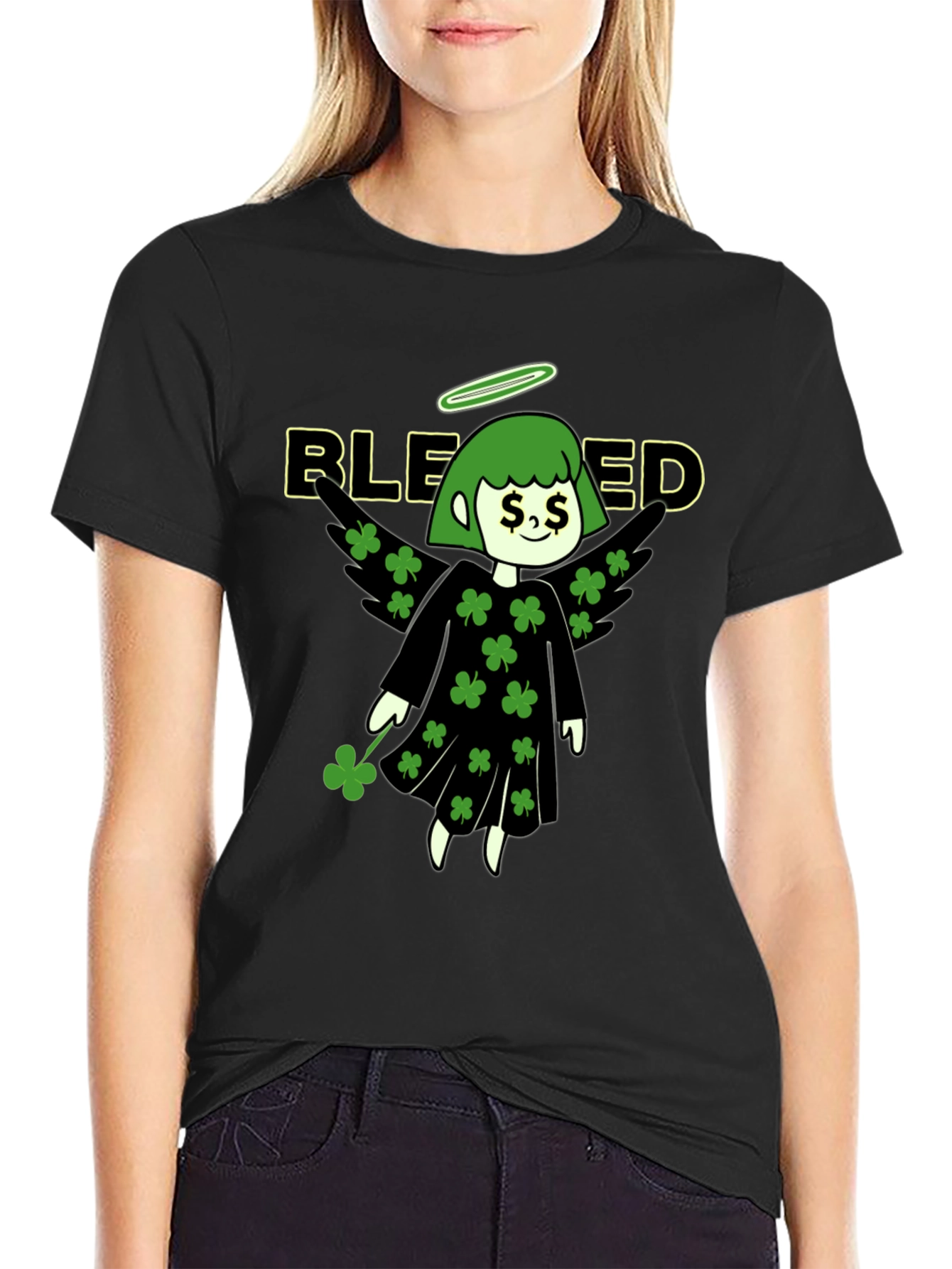 Blessed Shamrock Angel Black T-Shirt