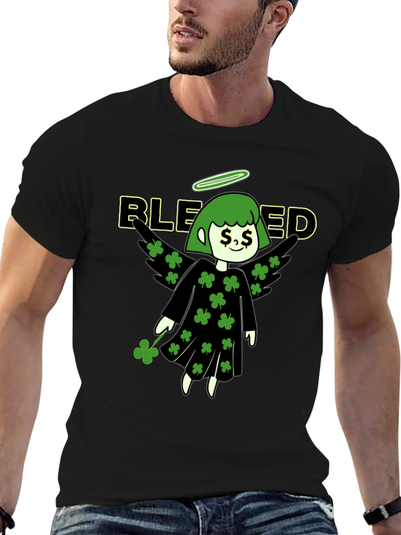 Blessed Shamrock Angel Black T-Shirt