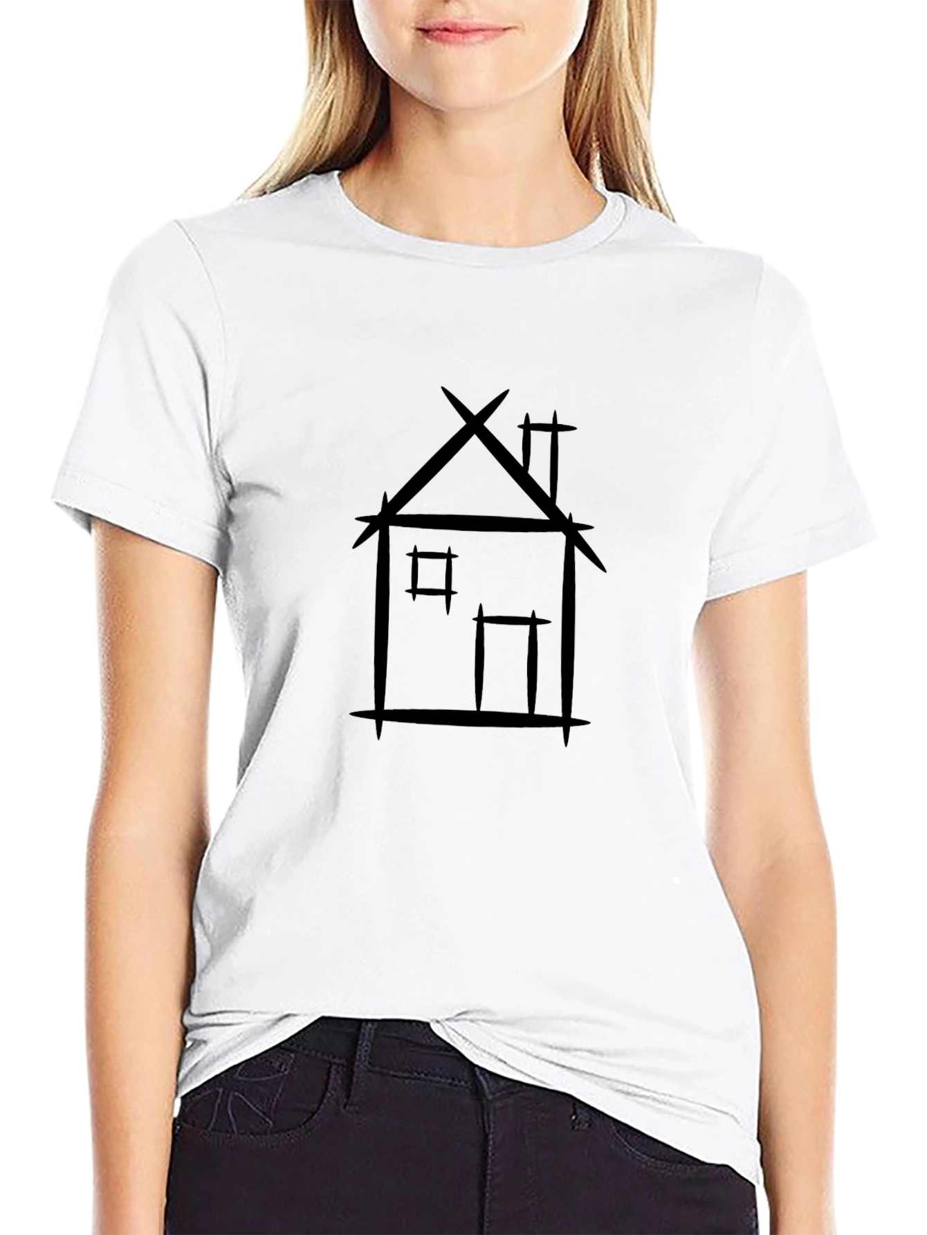Black T-Shirt with Hand Drawn House Graphic