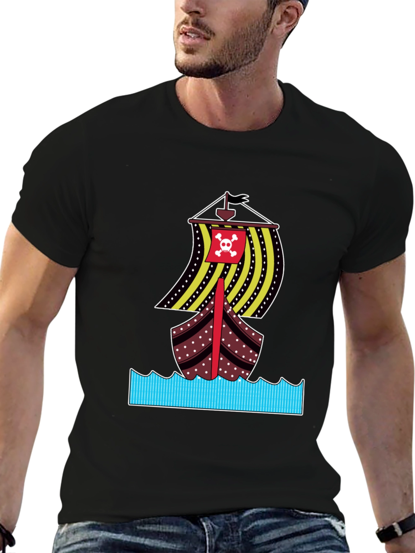 Pirate Ship Graphic Tee - Bold Black Cotton T-Shirt