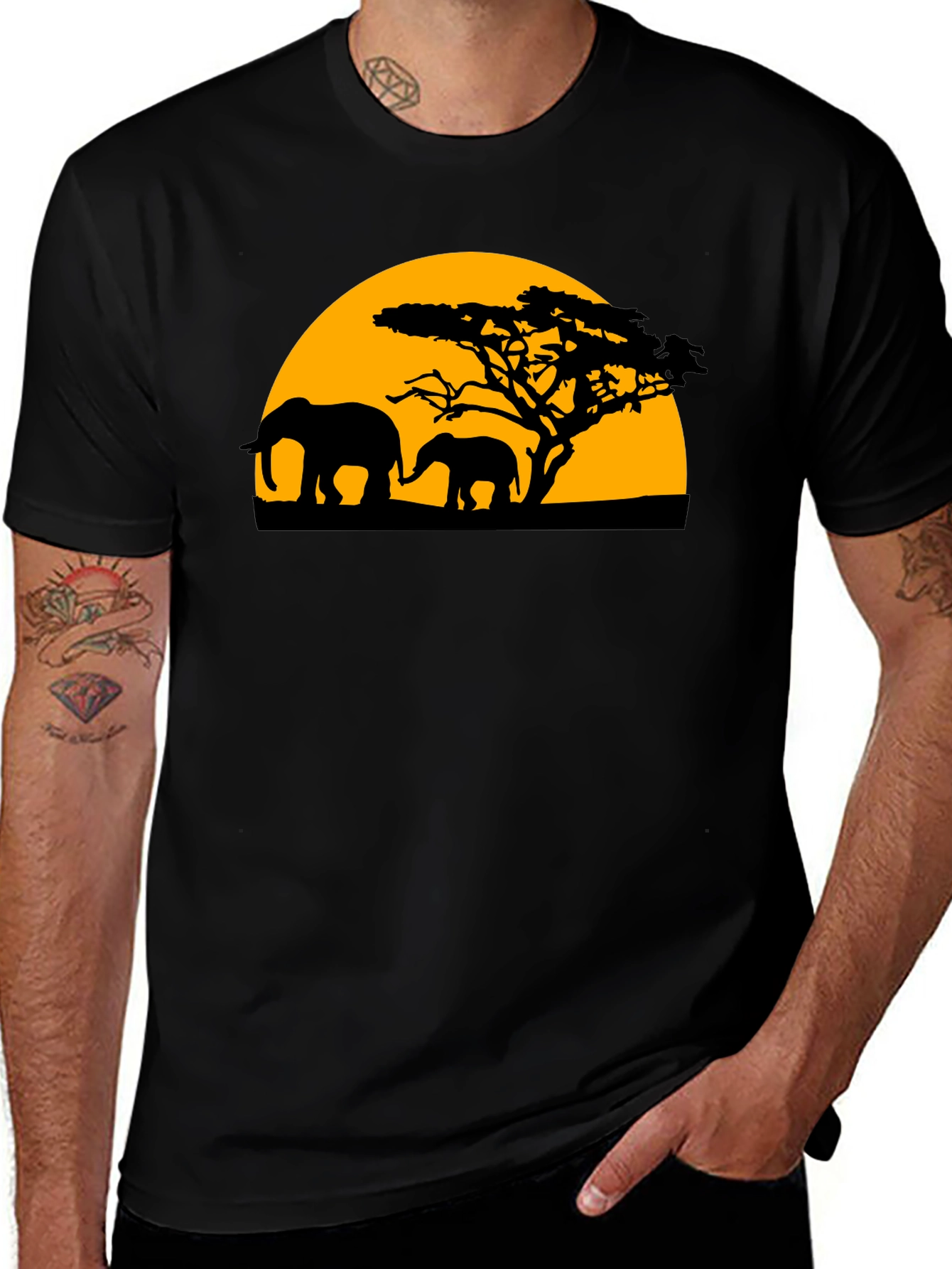 Elephant Sunset Graphic Tee - Black Cotton T-Shirt