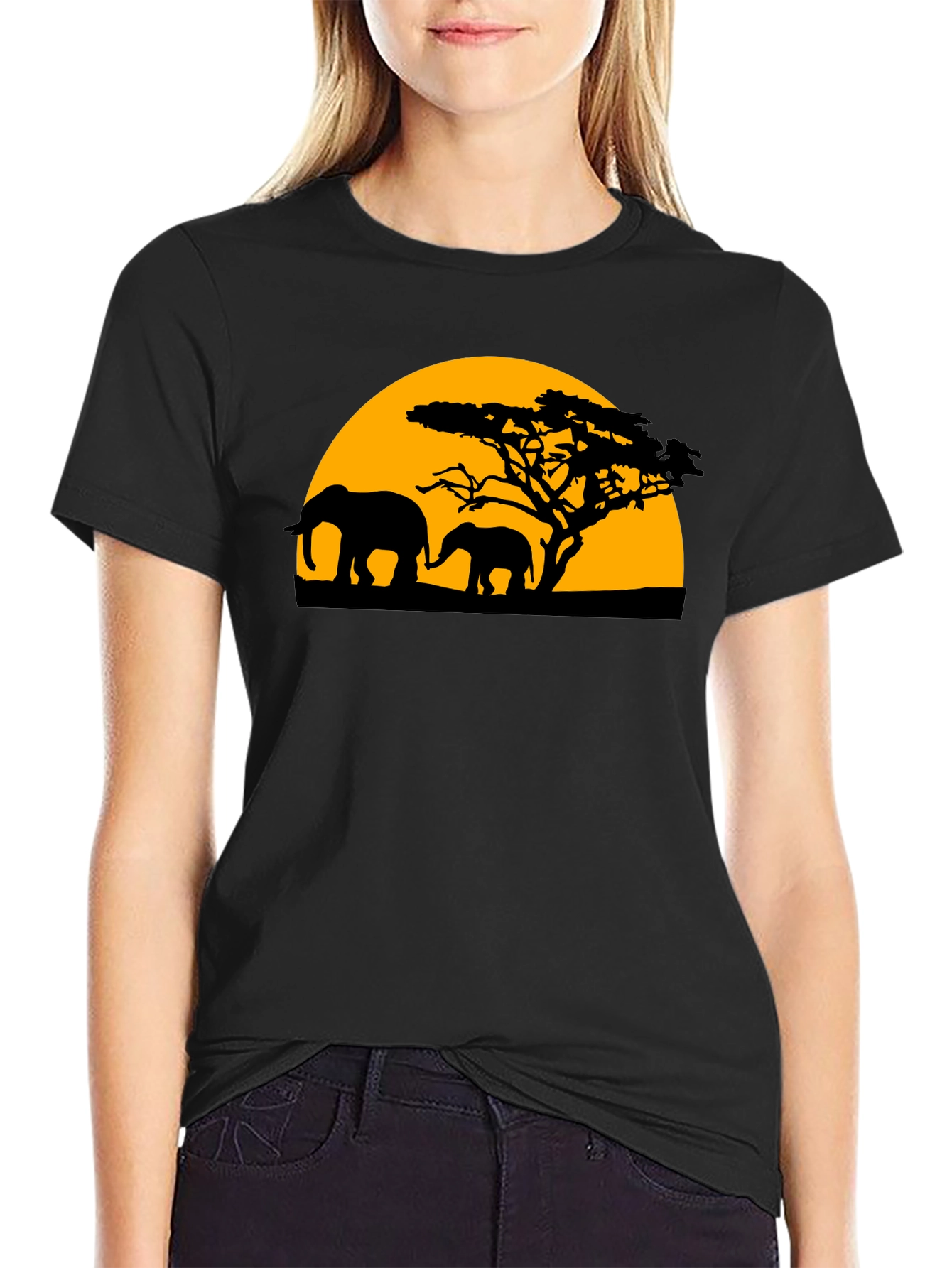 Elephant Sunset Graphic Tee - Black Cotton T-Shirt