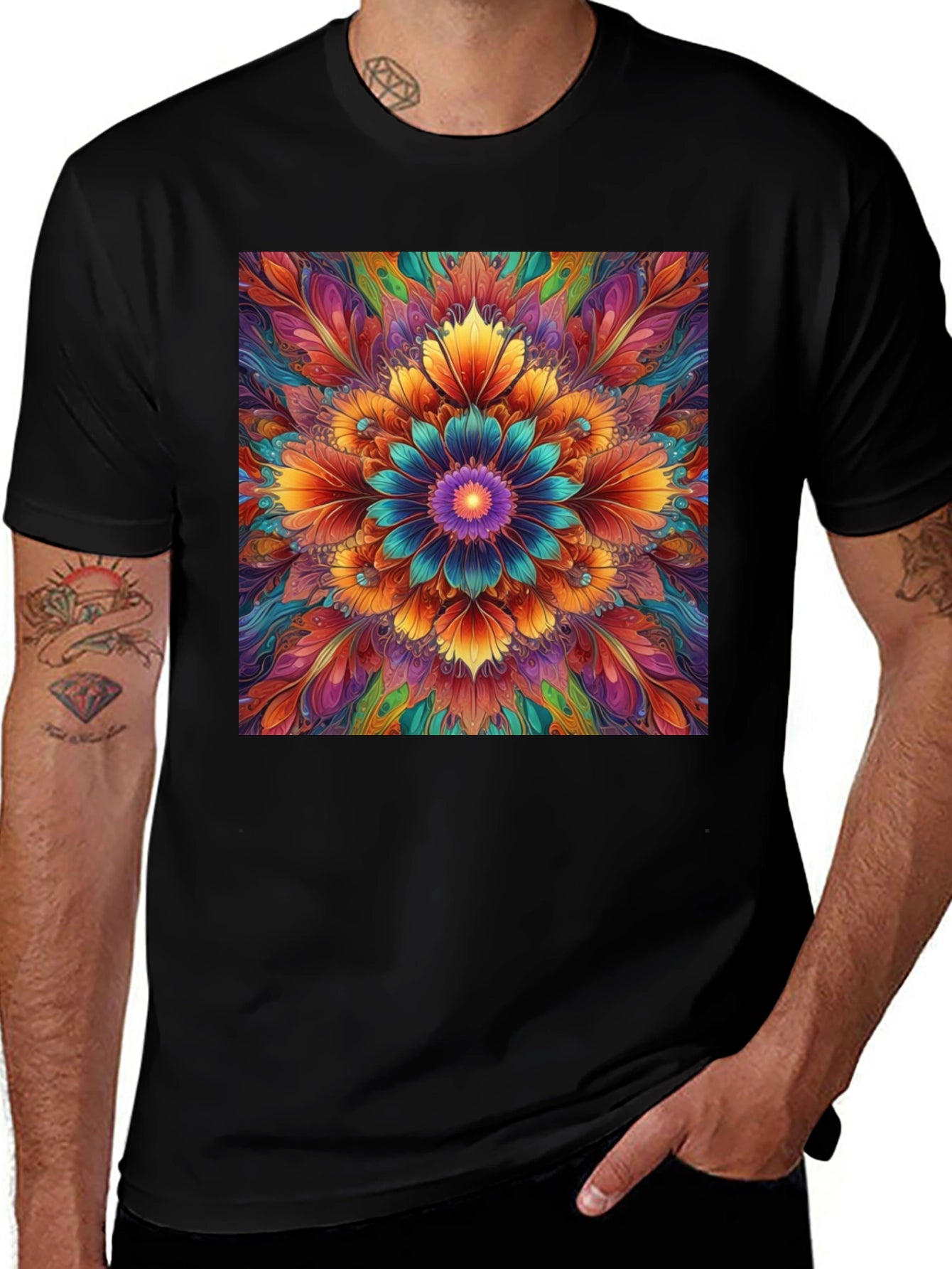 Vibrant Floral Mandala Print Black T-Shirt