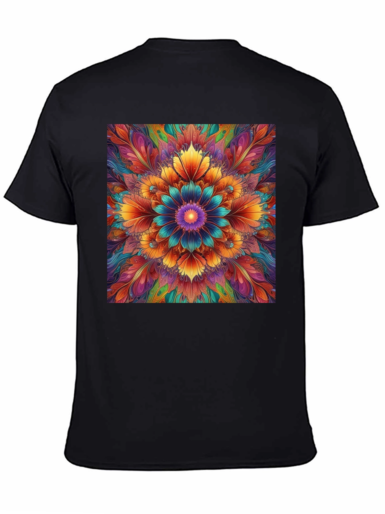 Vibrant Floral Mandala Print Black T-Shirt