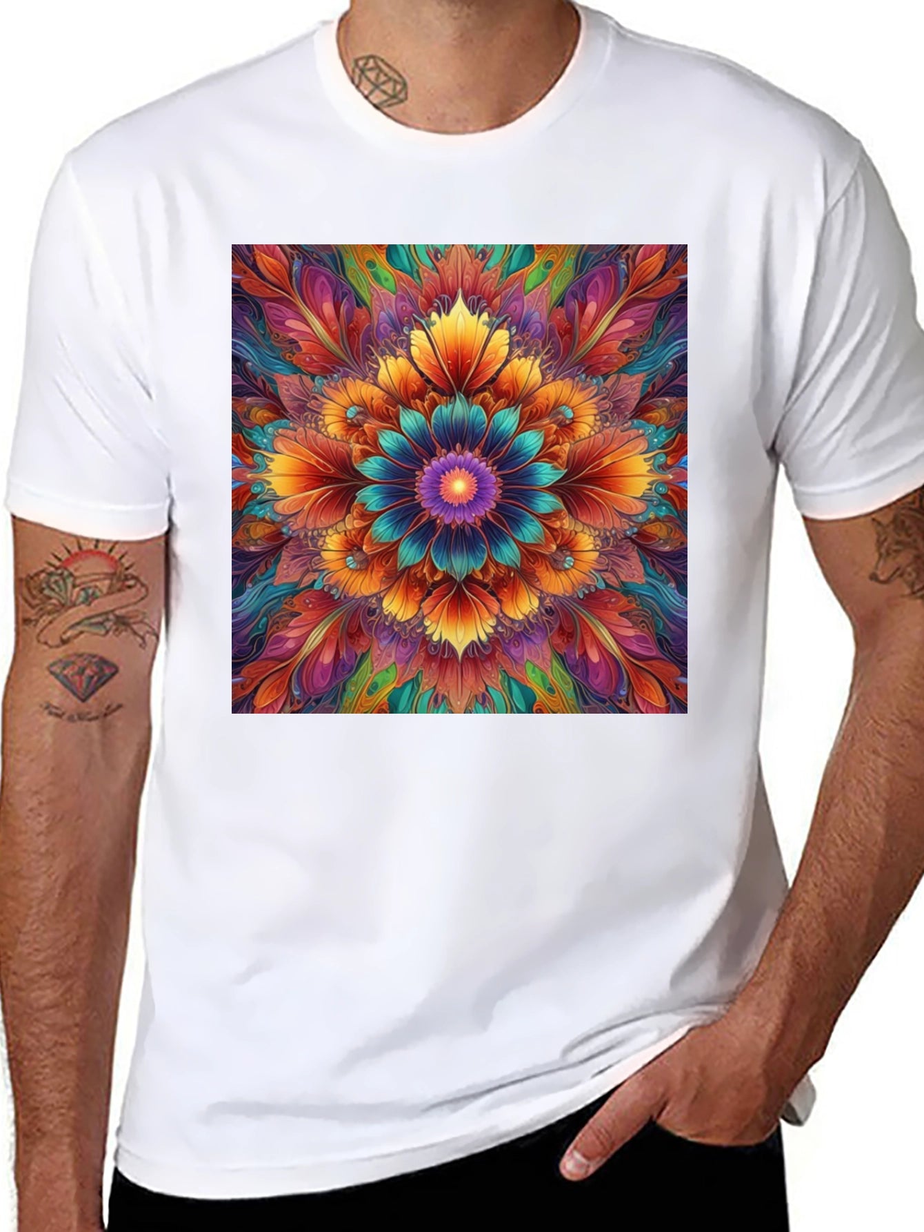 Vibrant Floral Mandala Print Black T-Shirt