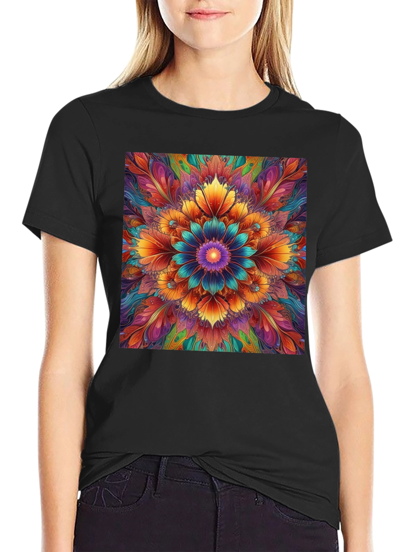 Vibrant Floral Mandala Print Black T-Shirt