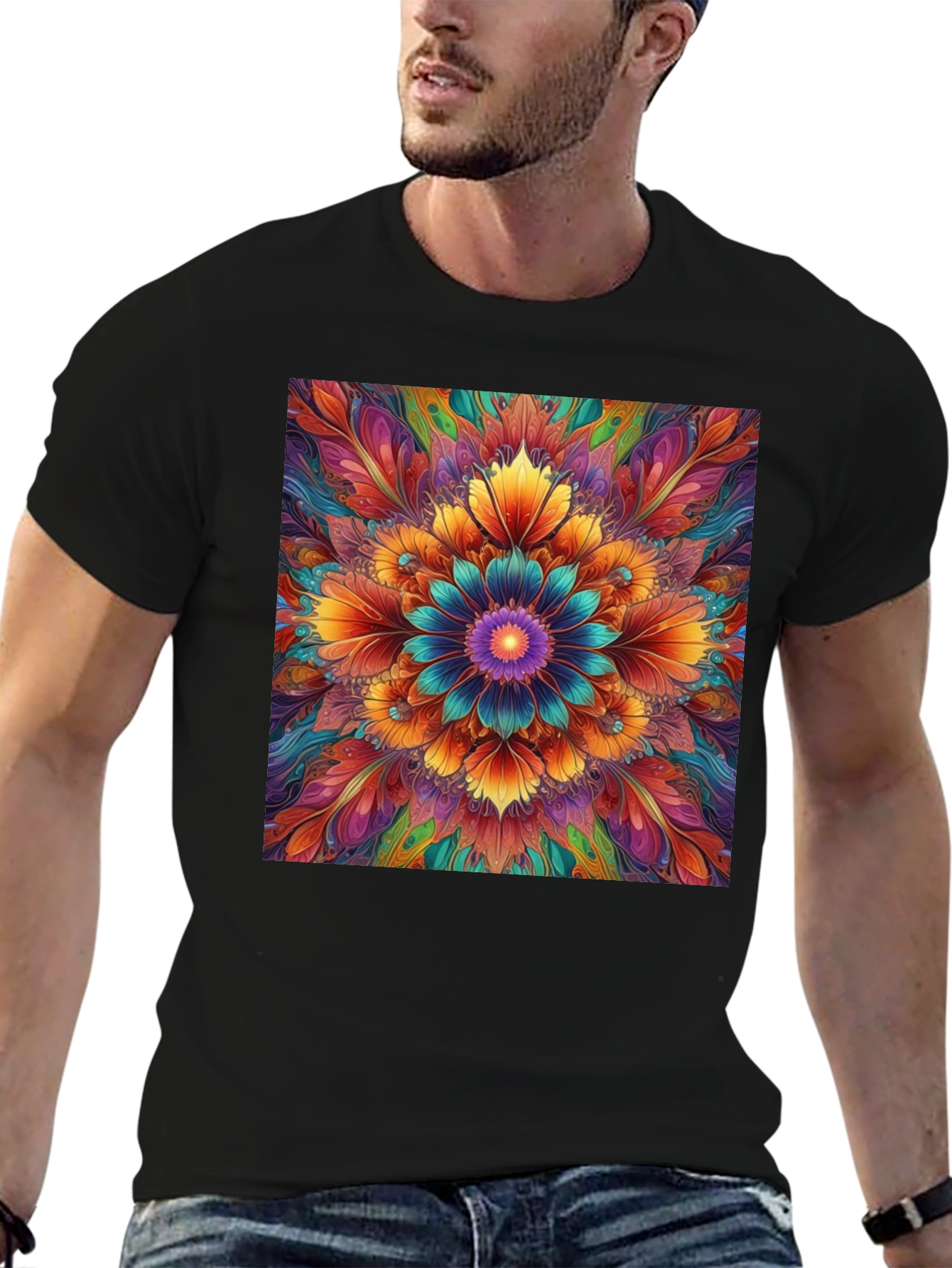 Vibrant Floral Mandala Print Black T-Shirt