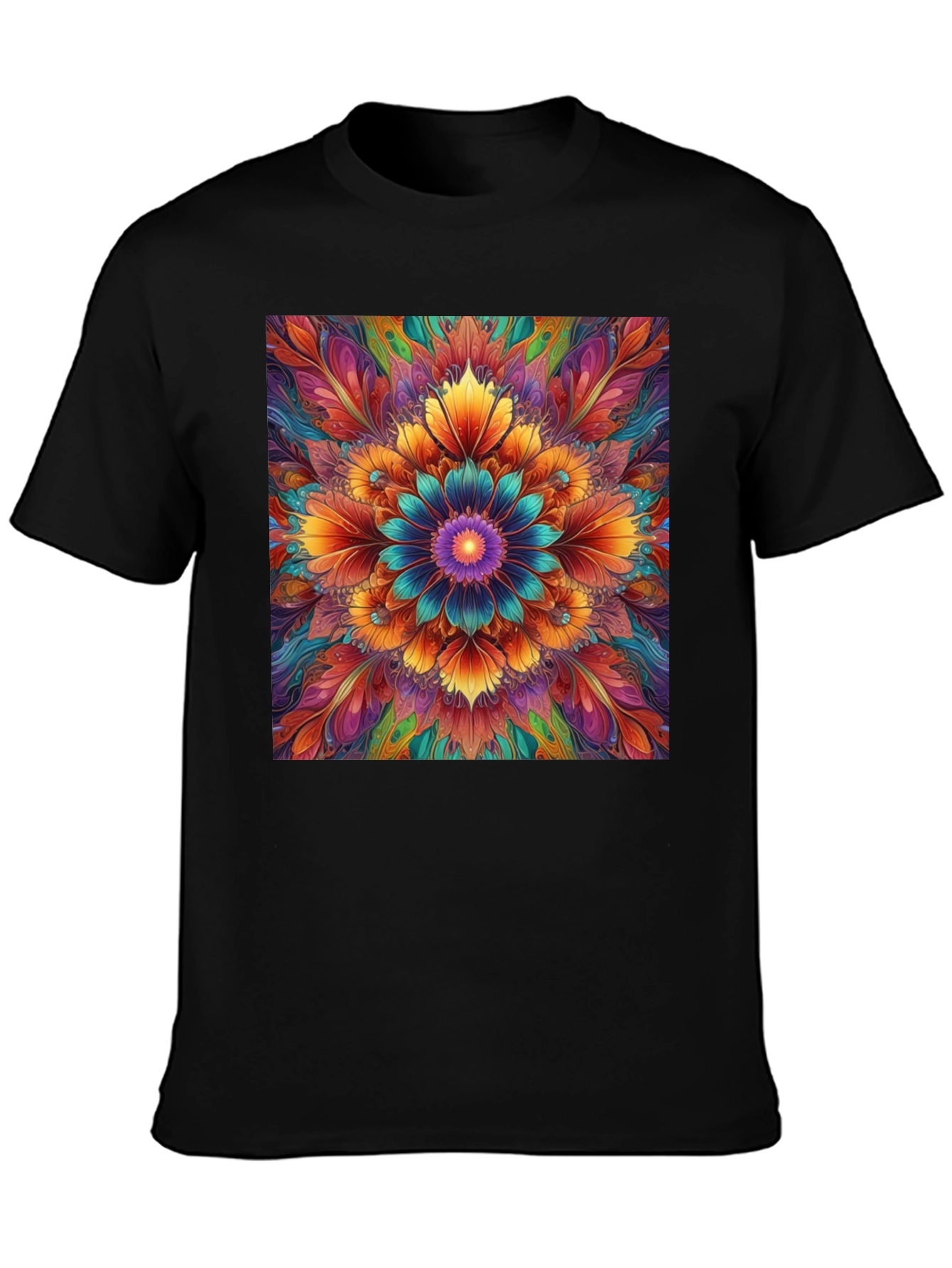 Vibrant Floral Mandala Print Black T-Shirt