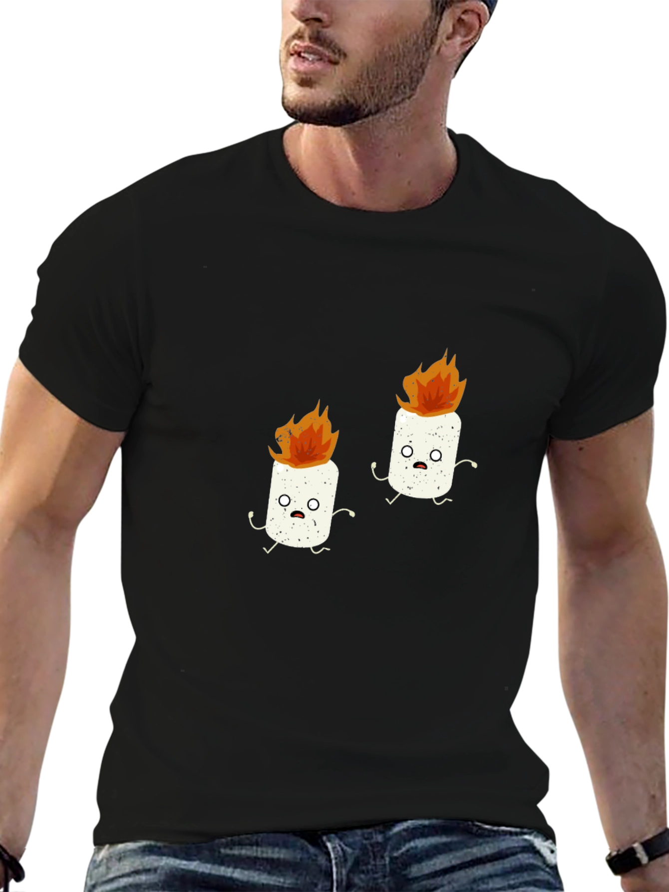 Funny Marshmallow Fire Graphic Black T-Shirt