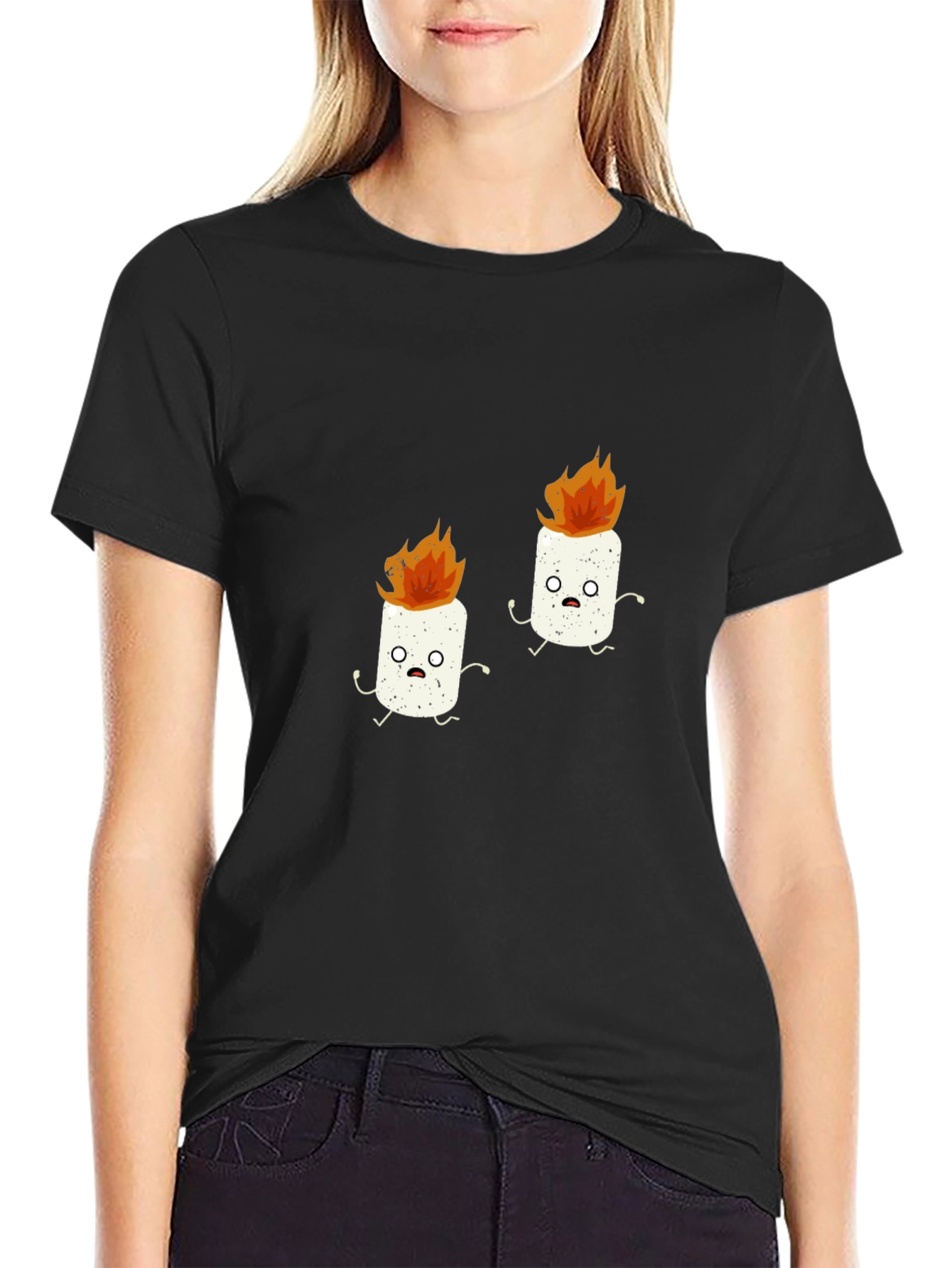 Funny Marshmallow Fire Graphic Black T-Shirt